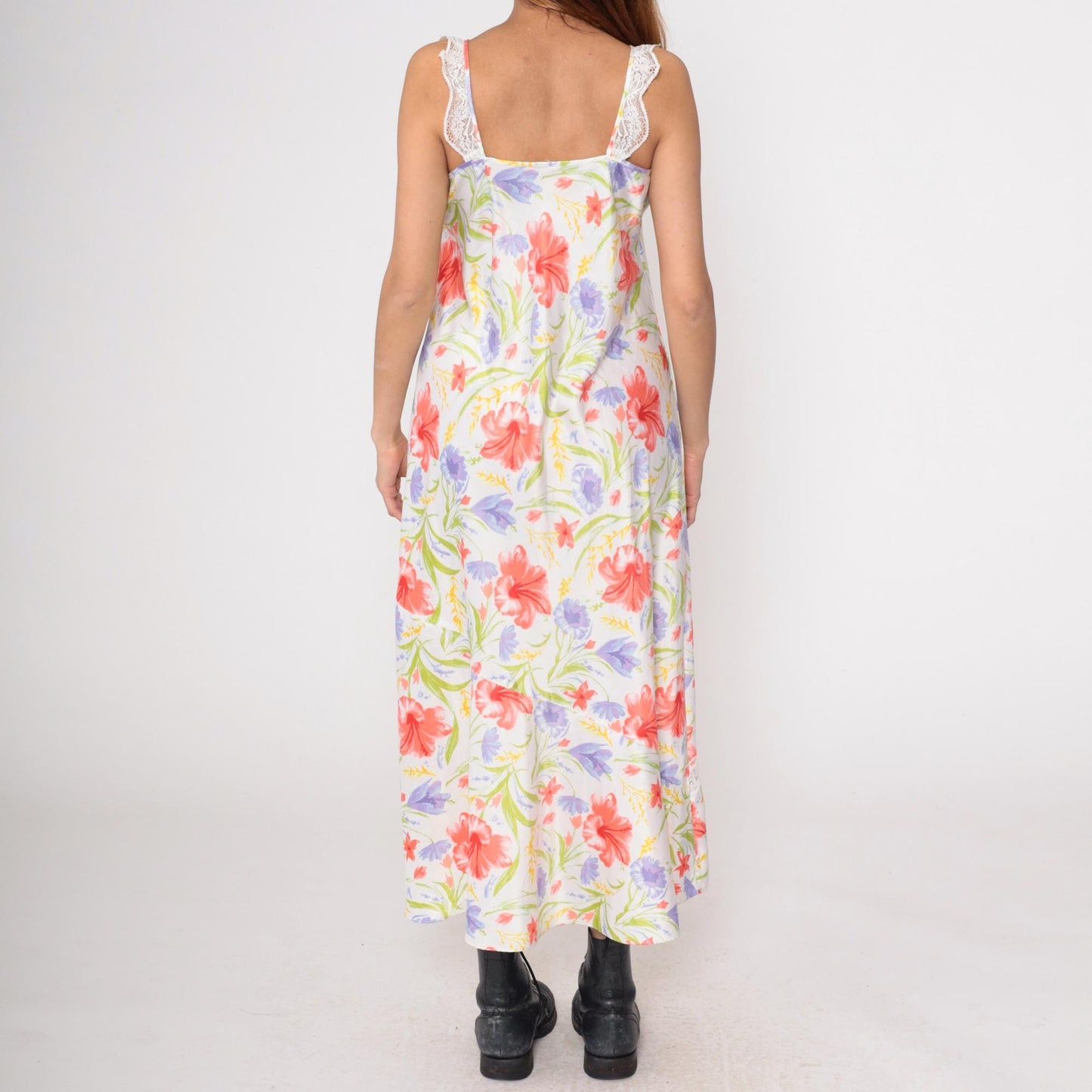 90s White Floral Maxi Slip Dress Coral Purple Lace Trim Large