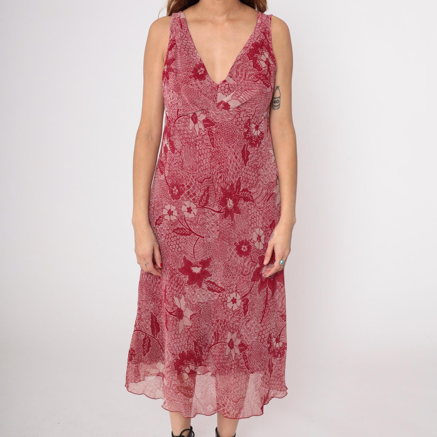 Y2K Red Paisley Midi Dress Sleeveless V Neck Floral Chiffon Medium