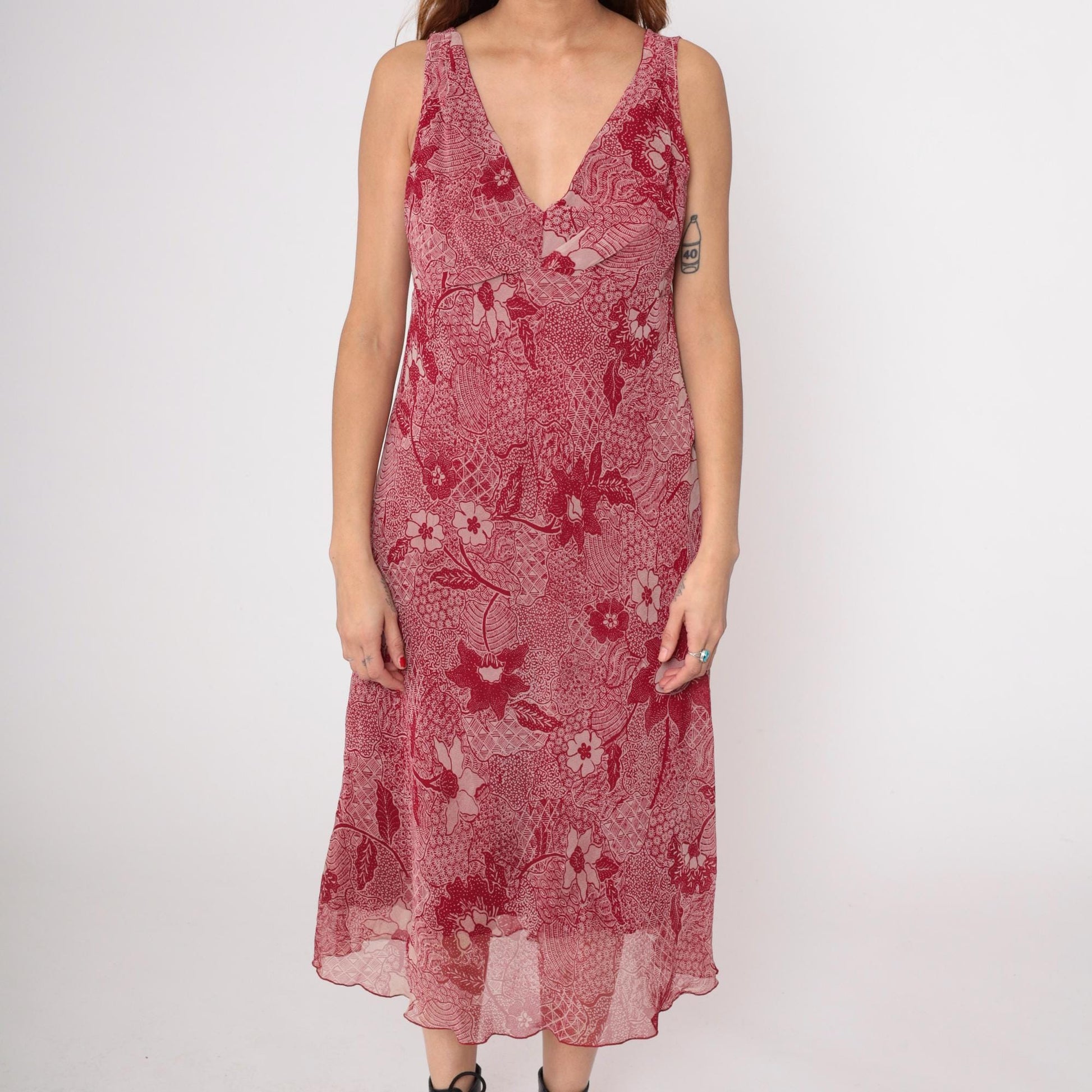 Y2K Red Paisley Midi Dress Sleeveless V Neck Floral Chiffon Medium