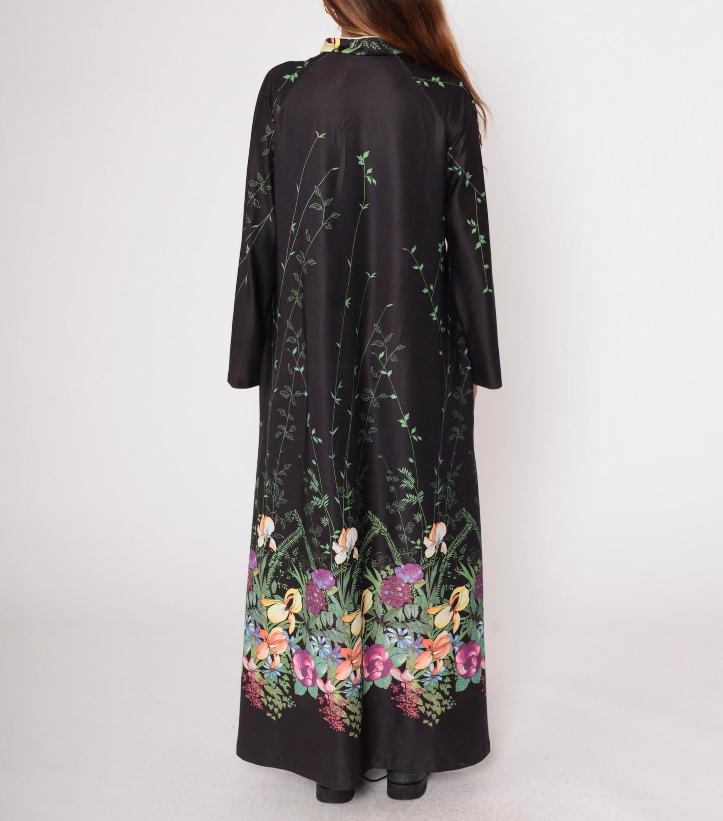 70s Black Floral Maxi Dress Zip Front Long Sleeve Botanical Print Medium Large
