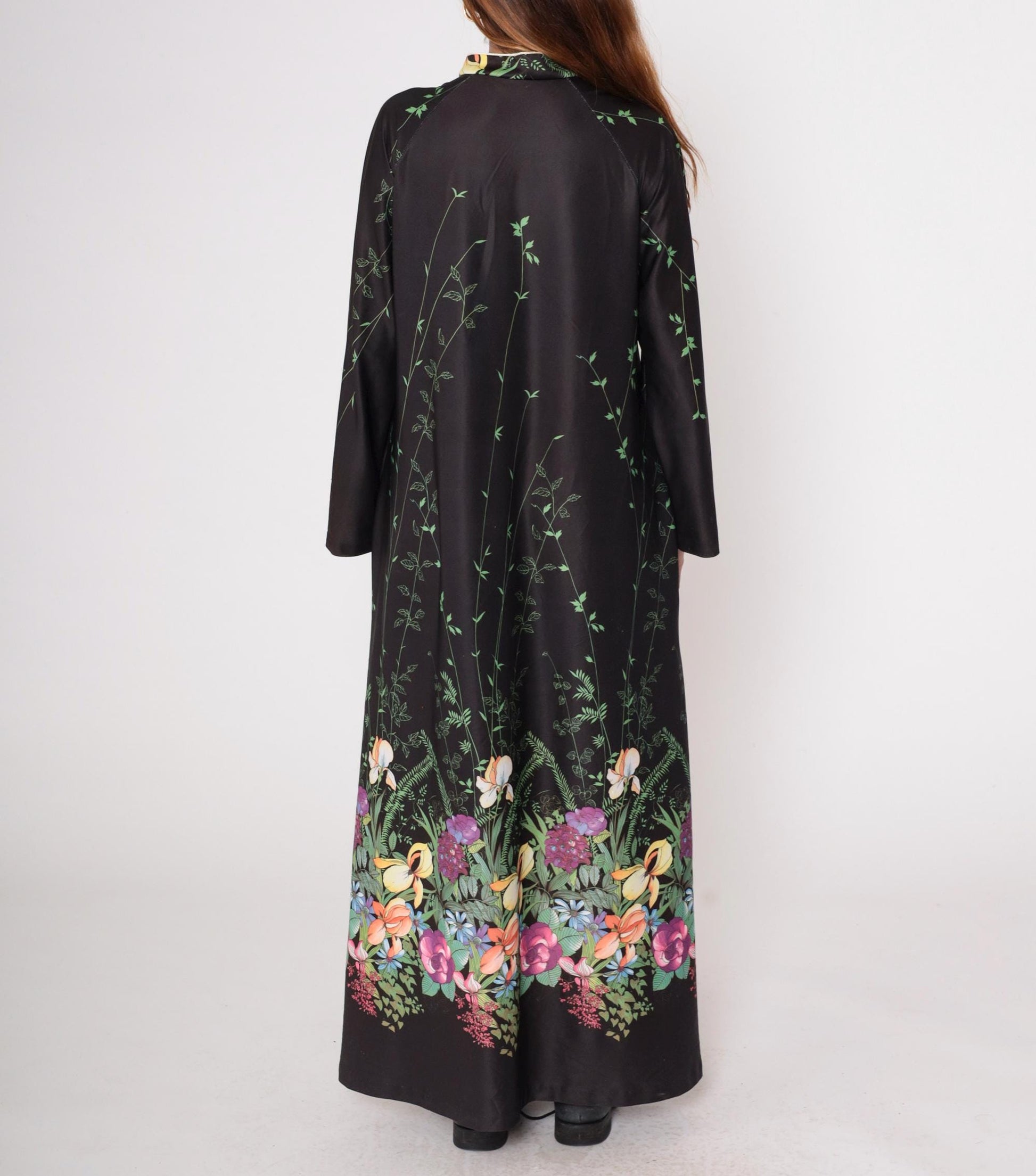 70s Black Floral Maxi Dress Zip Front Long Sleeve Botanical Print Medium Large