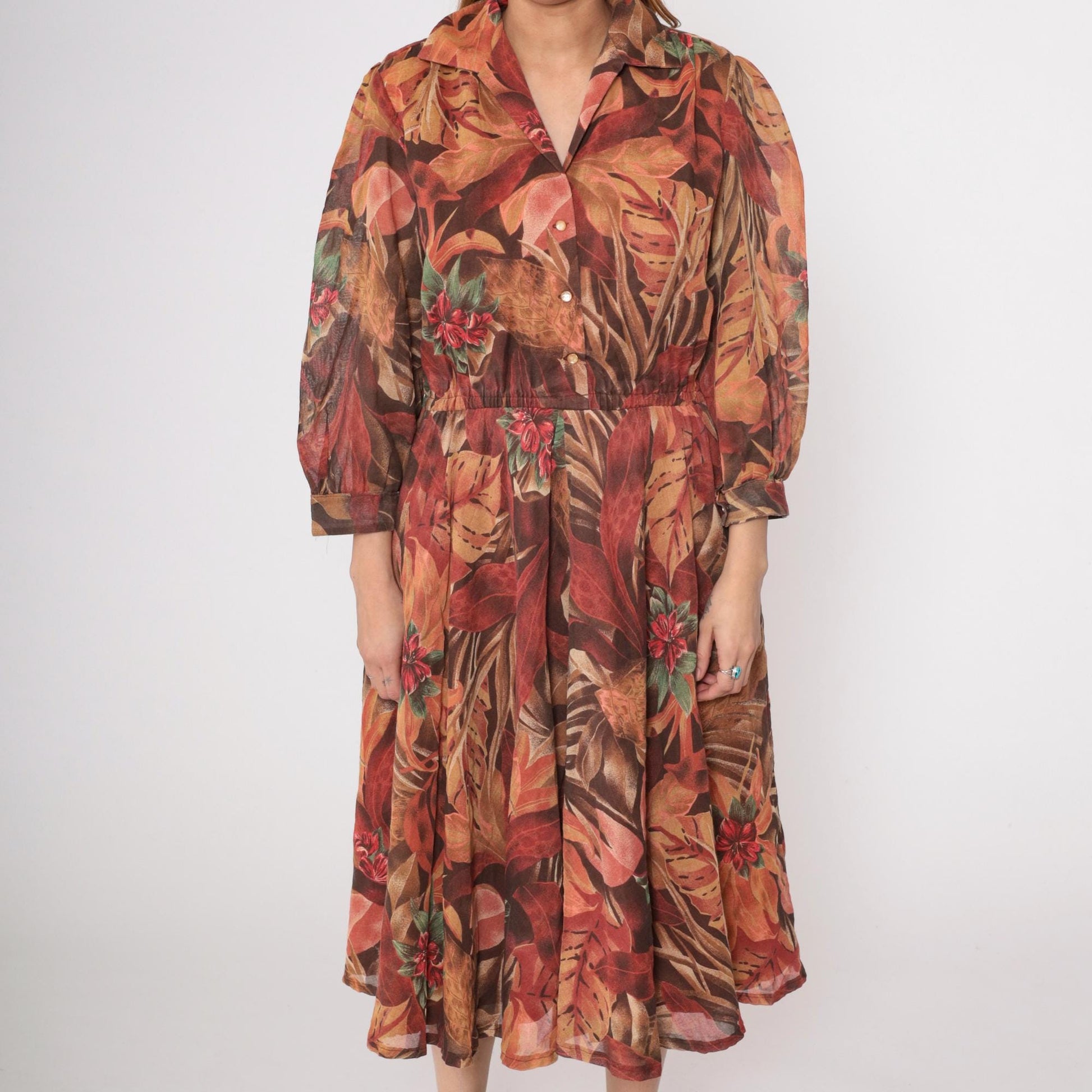 80s Brown Tropical Leaf Midi Dress Button Down Long Sleeve Medium