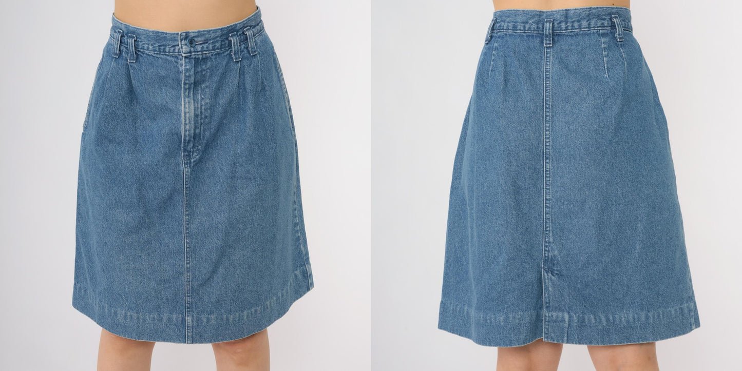 90s Lands End Denim A-Line Midi Skirt High Waist Blue Cotton Large L