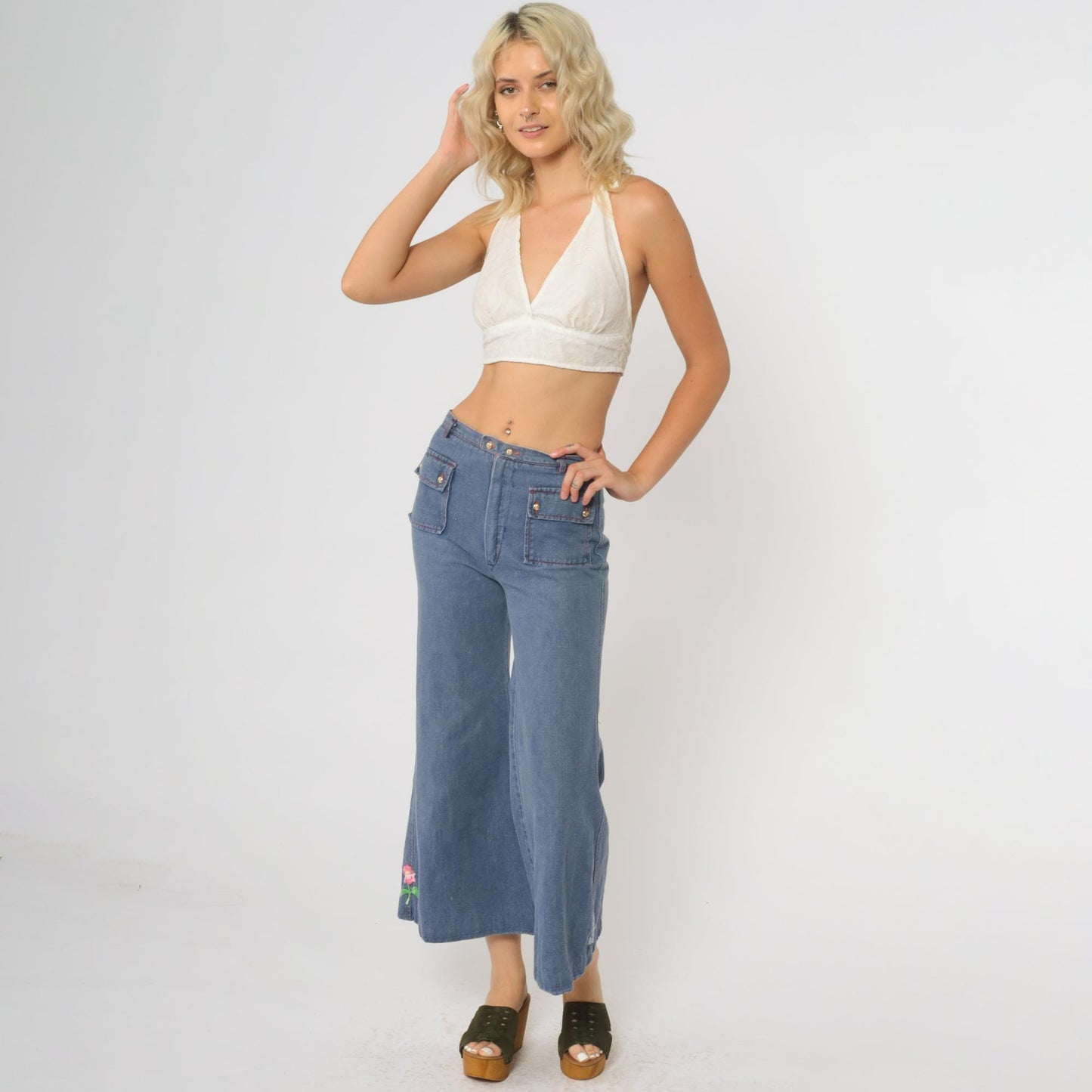 70s Carol Evans Bell Bottom Jeans High Waisted Flare Rose Embroidery Extra Small