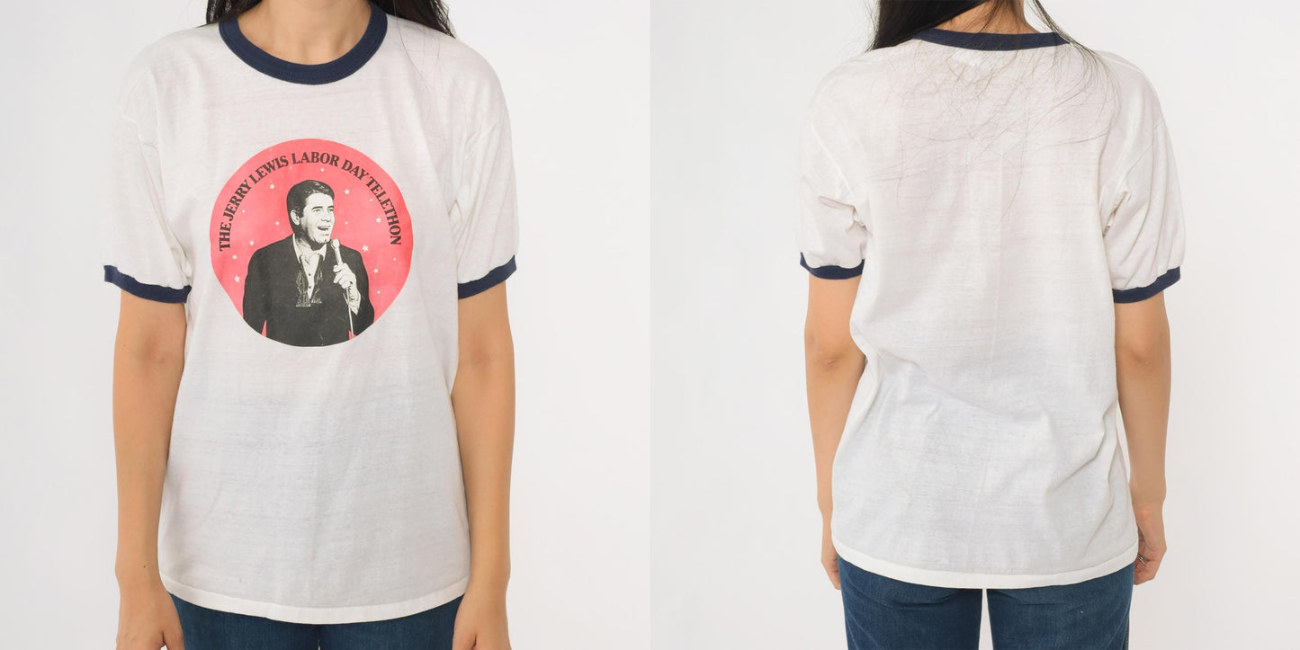 80s Jerry Lewis Labor Day Telethon Ringer T-Shirt White Navy Graphic Medium