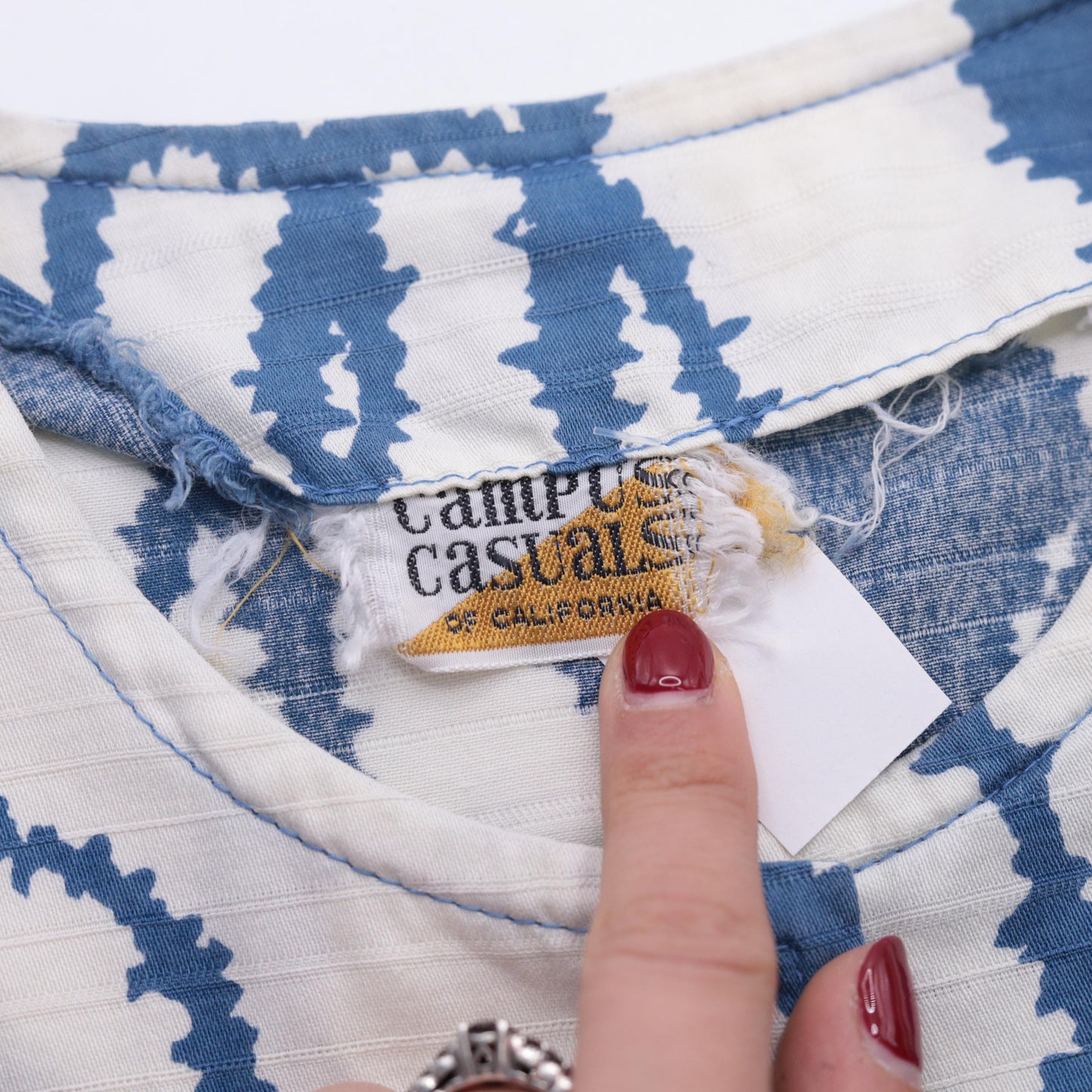 60s Campus Casuals Abstract Print Button Up Blouse Blue White Medium
