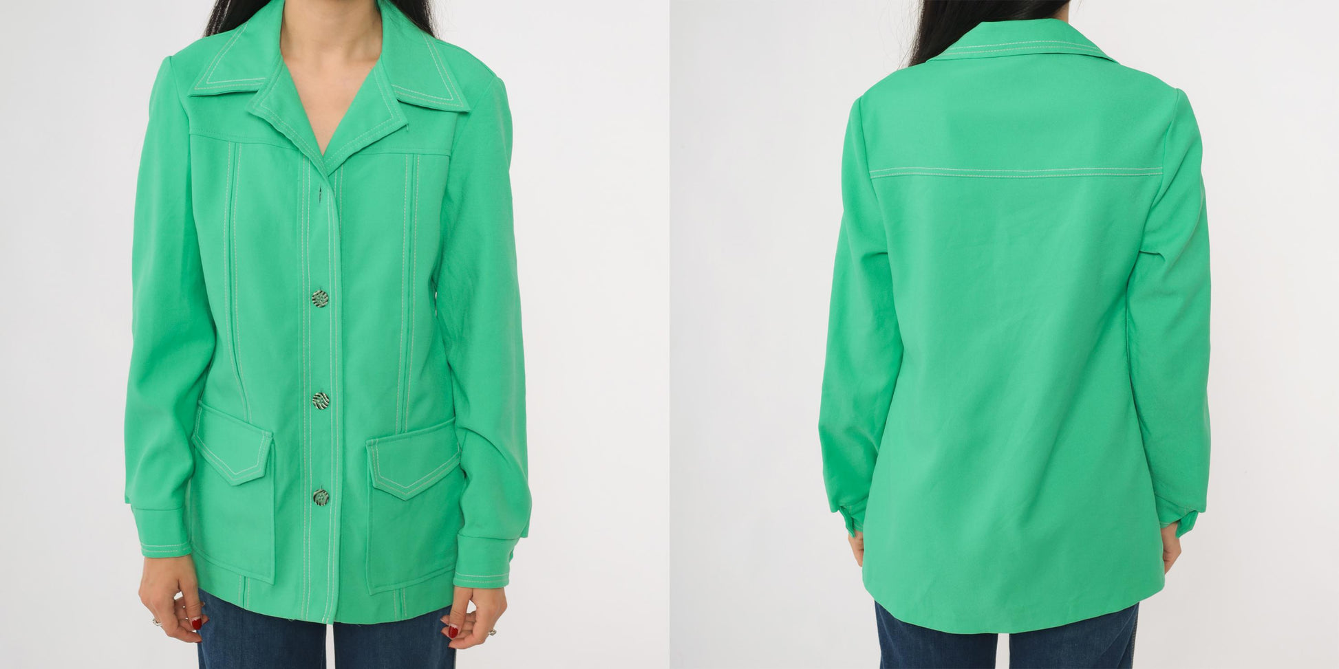 70s Bright Green Shacket Button-Up Shirt Jacket Long Sleeve Small S