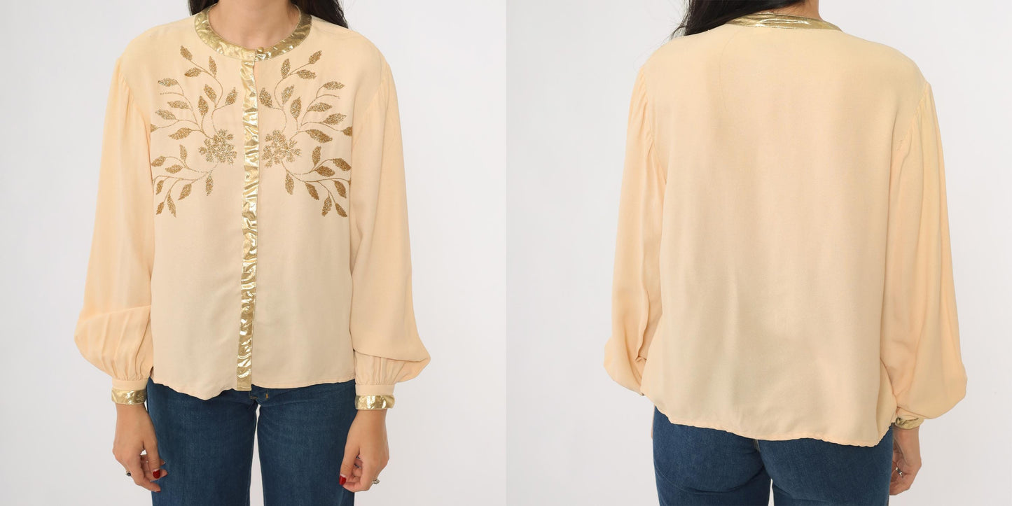 70s Frank Masandrea Peach Crepe Blouse Gold Embroidered Floral Small