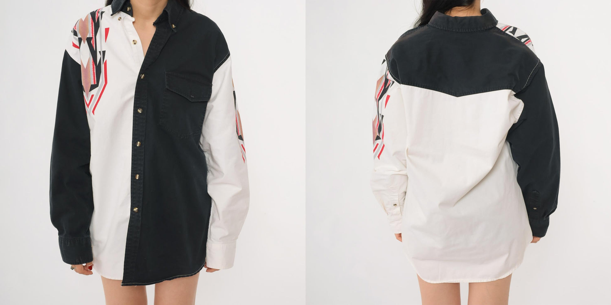 90s Southwestern Color Block Western Button Up Shirt Black White Extra Large