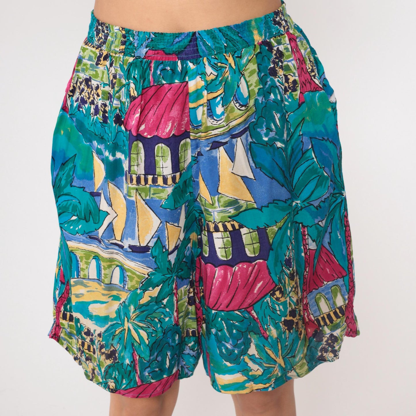 90s Laurel Sport Tropical Shorts Sailboat Palm Tree Print High Waist Small S