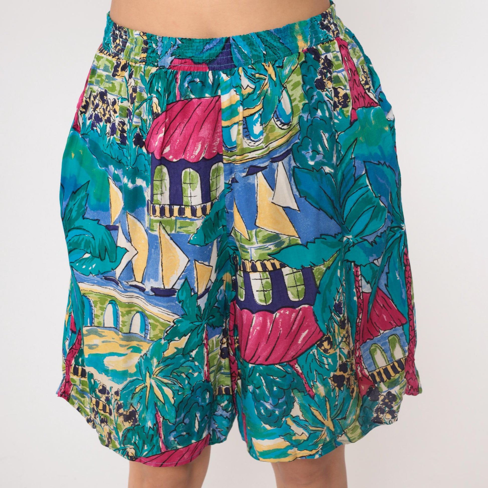 90s Laurel Sport Tropical Shorts Sailboat Palm Tree Print High Waist Small S