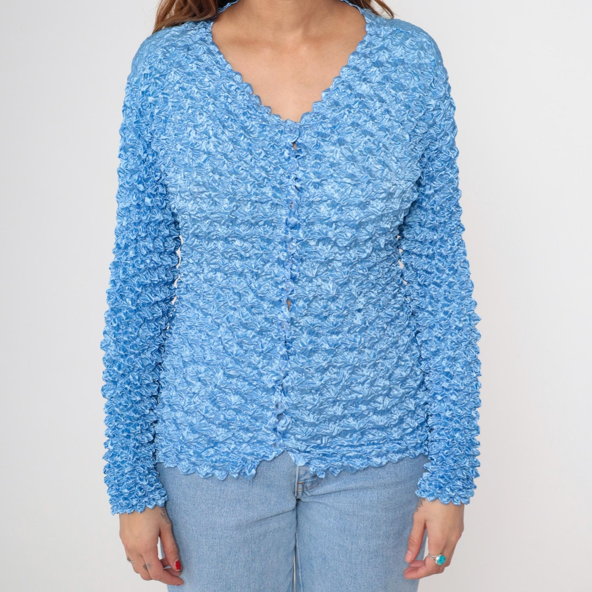 Y2K Light Blue Popcorn Cardigan Bubble Knit Button-Up Small