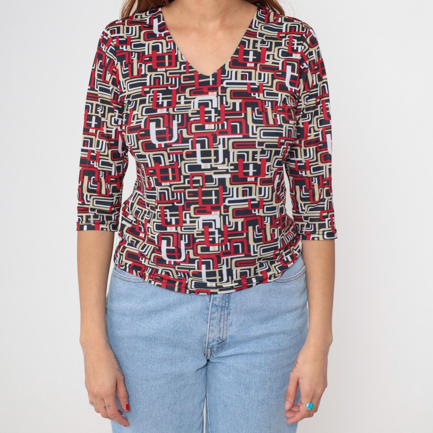 Y2K Erena Petite Geometric Abstract V-Neck Blouse Red Black White Small S