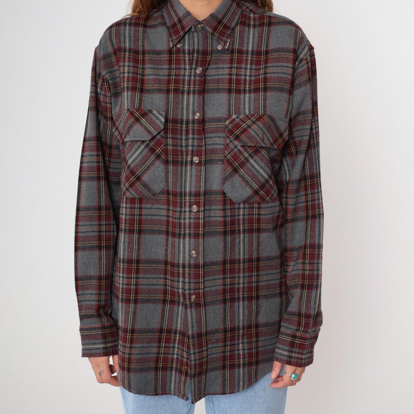 90s Outdoor Exchange Flannel Shirt Grey Red Plaid Button-Up Small S