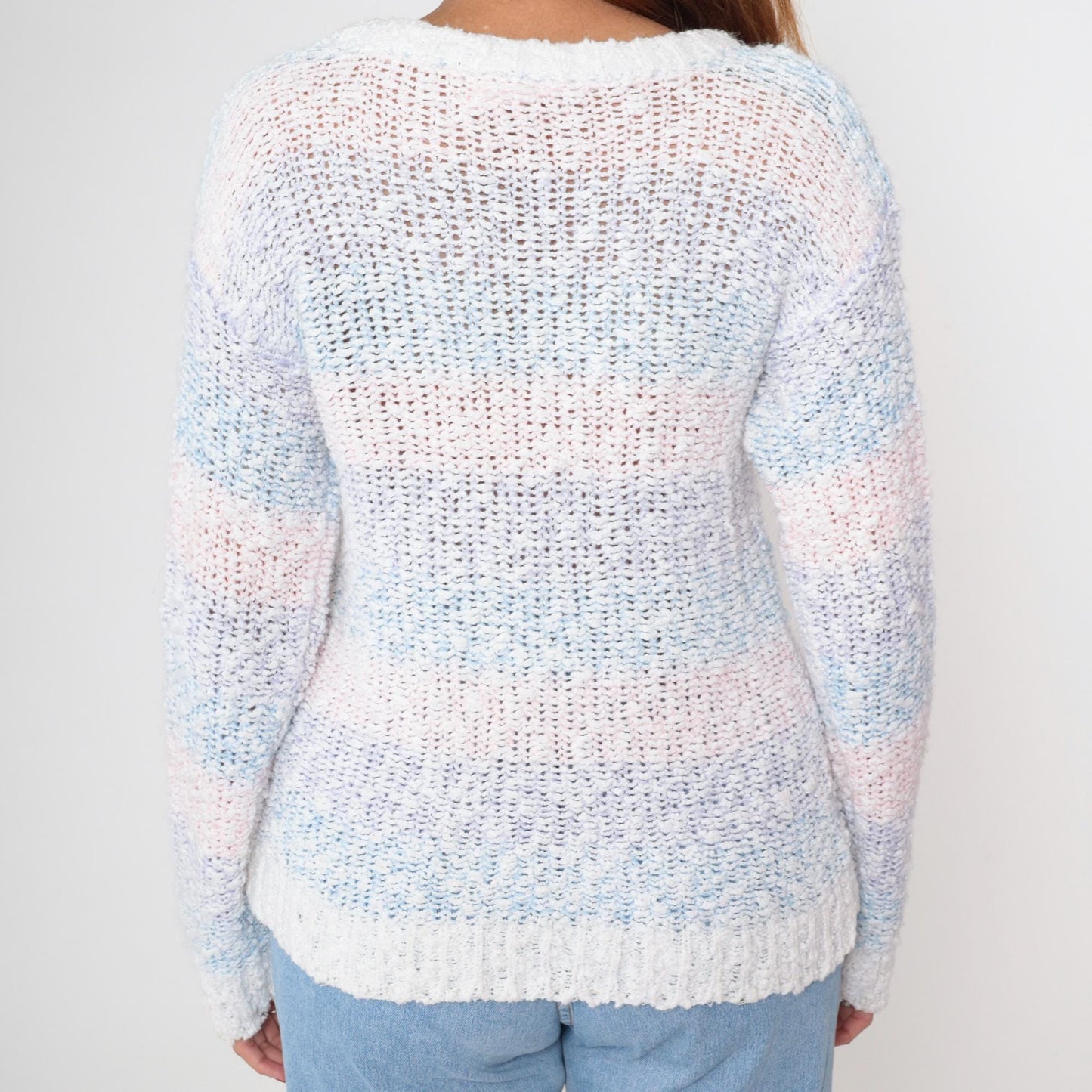 80s Striped Popcorn Knit Sweater Baby Pink Blue Purple Puff Sleeve Small