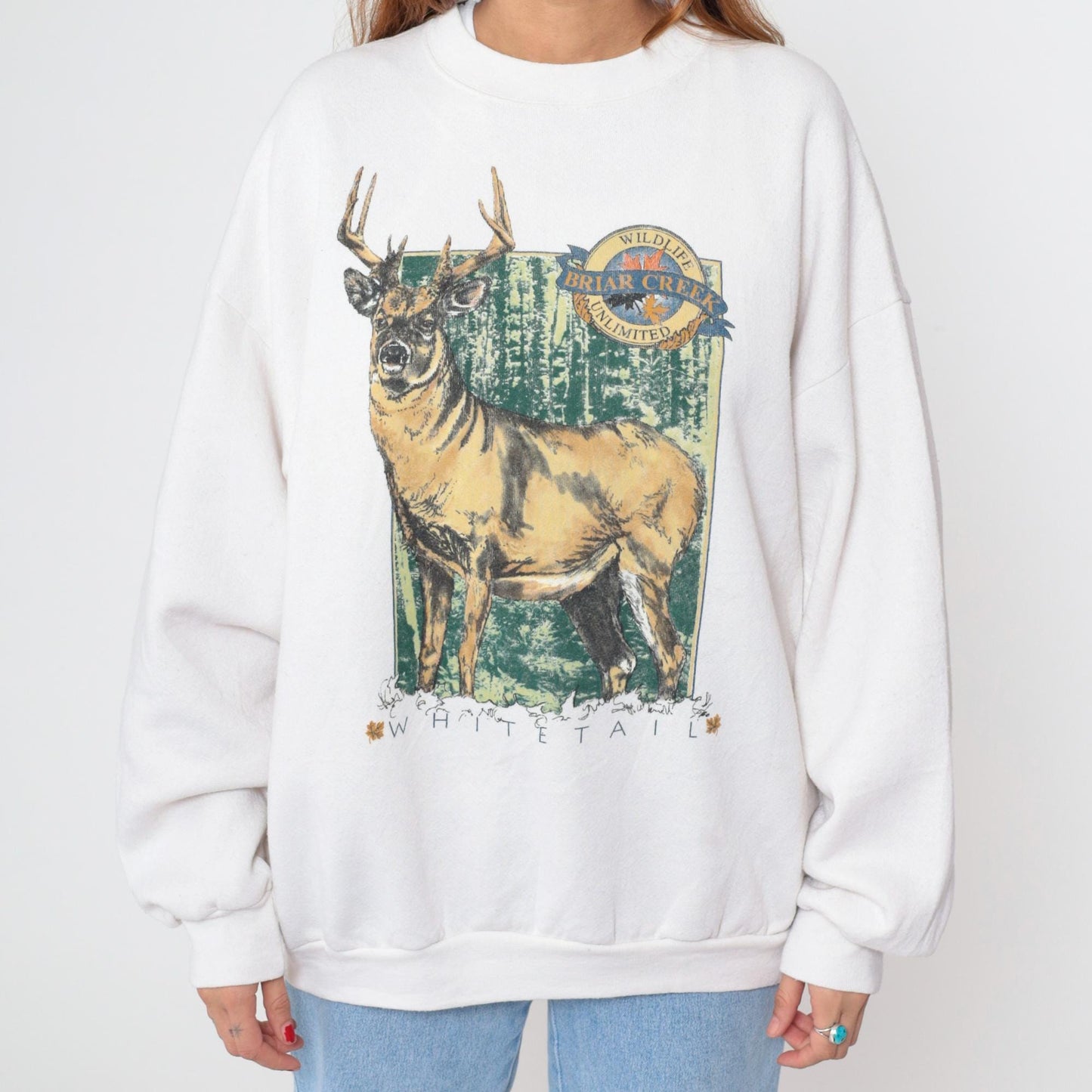 90s White Tail Deer Graphic Sweatshirt Off White Crewneck Pullover Extra Large