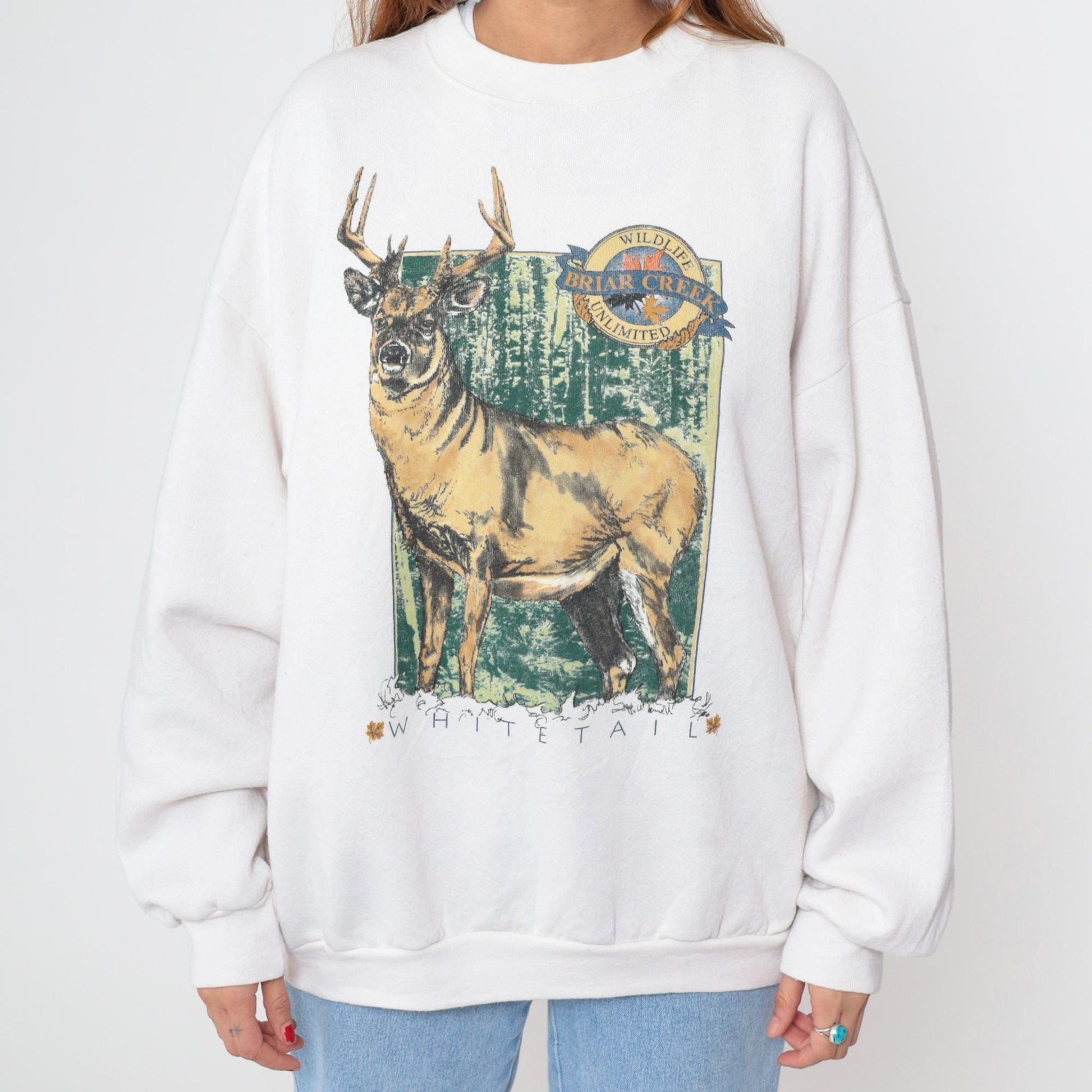 90s White Tail Deer Graphic Sweatshirt Off White Crewneck Pullover Extra Large