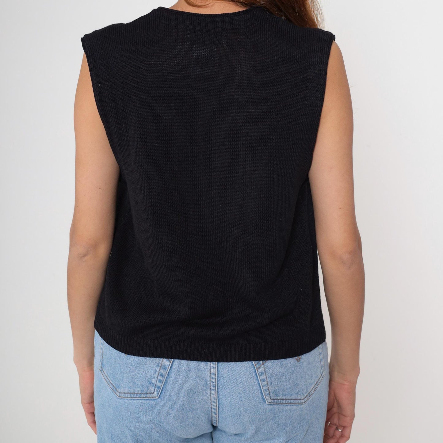 90s Black Knit Vest Deep V Neck Button Front Sleeveless Cardigan Medium
