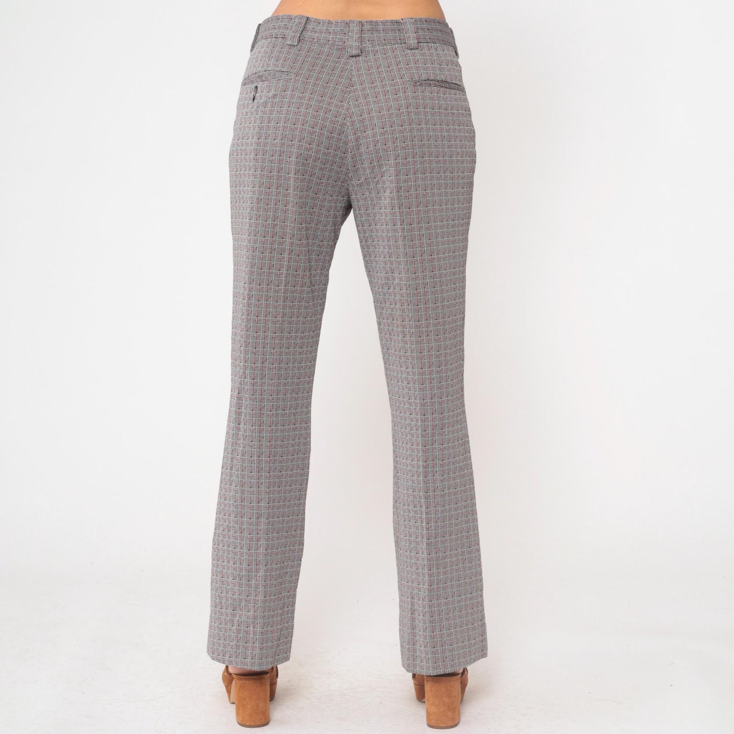 70s Grey Plaid Straight Leg Trousers High Waisted Checkered Cotton Blend Medium M