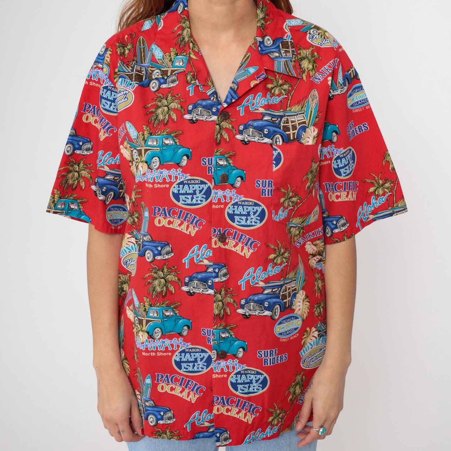 90s Howie Red Hawaiian Shirt Woodie Car Surf Print Aloha Mens Large L