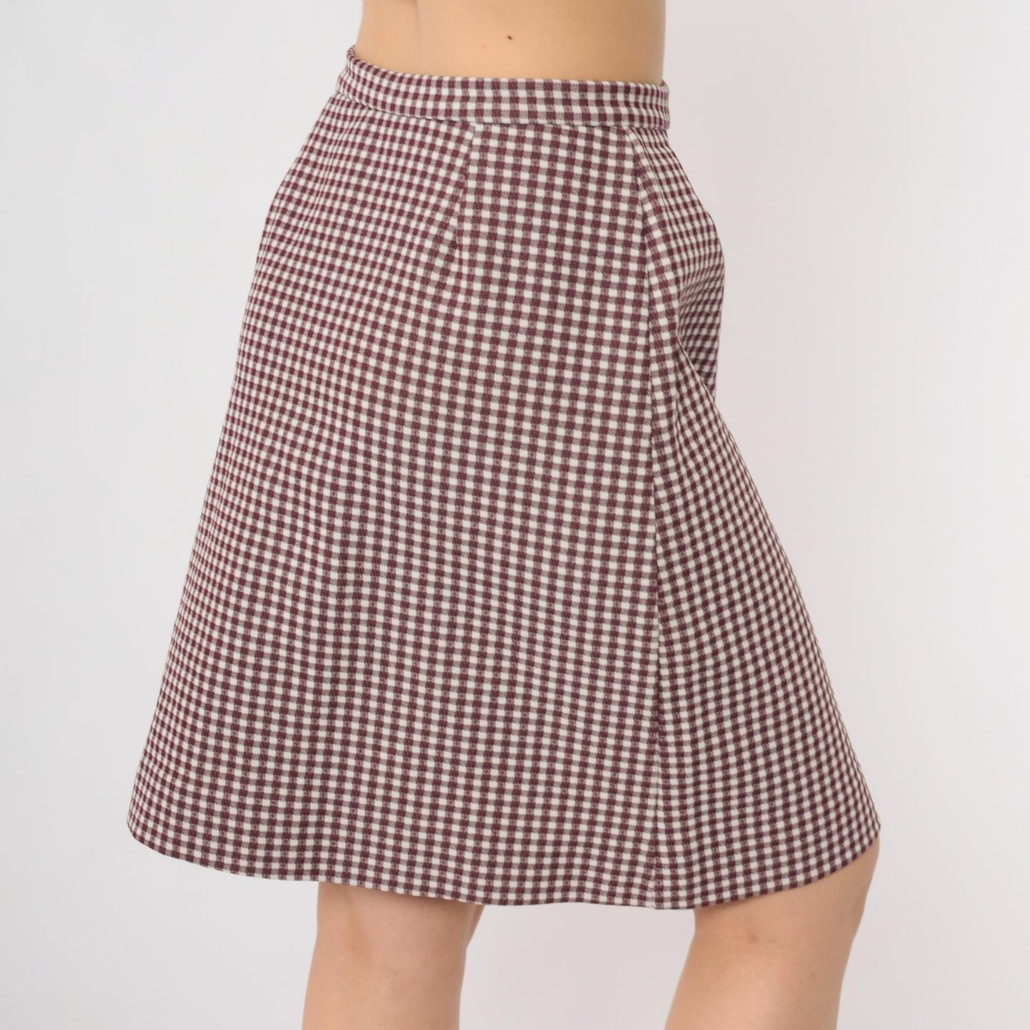 70s Burgundy Gingham Mini Skirt Button-Front High-Waist A-Line Small S
