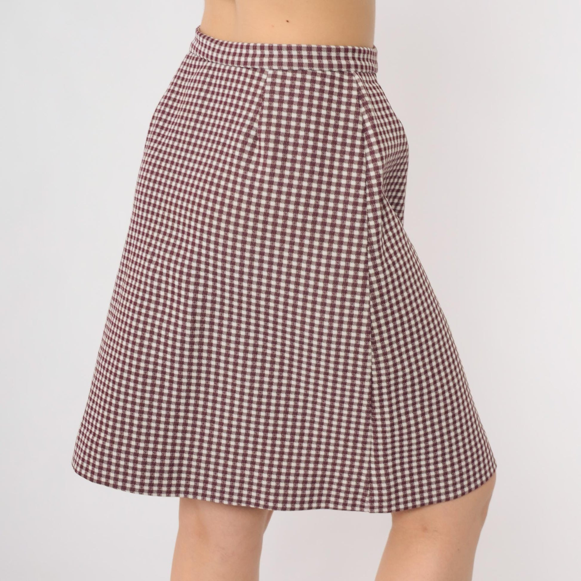 70s Burgundy Gingham Mini Skirt Button-Front High-Waist A-Line Small S