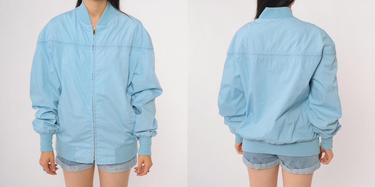 80s Baby Blue Bomber Windbreaker Jacket Light Blue Zip Up Athletic Extra Large XL