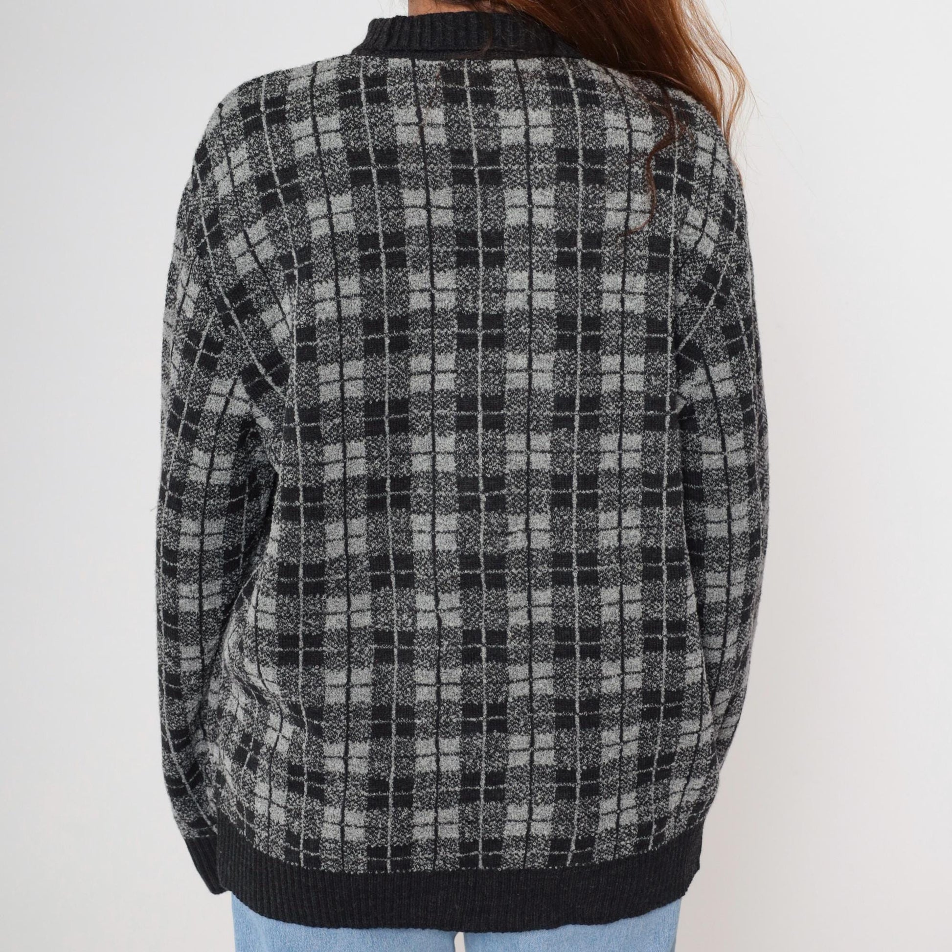 90s Belvedere Checkered Wool Sweater Black White Grey Crewneck Medium