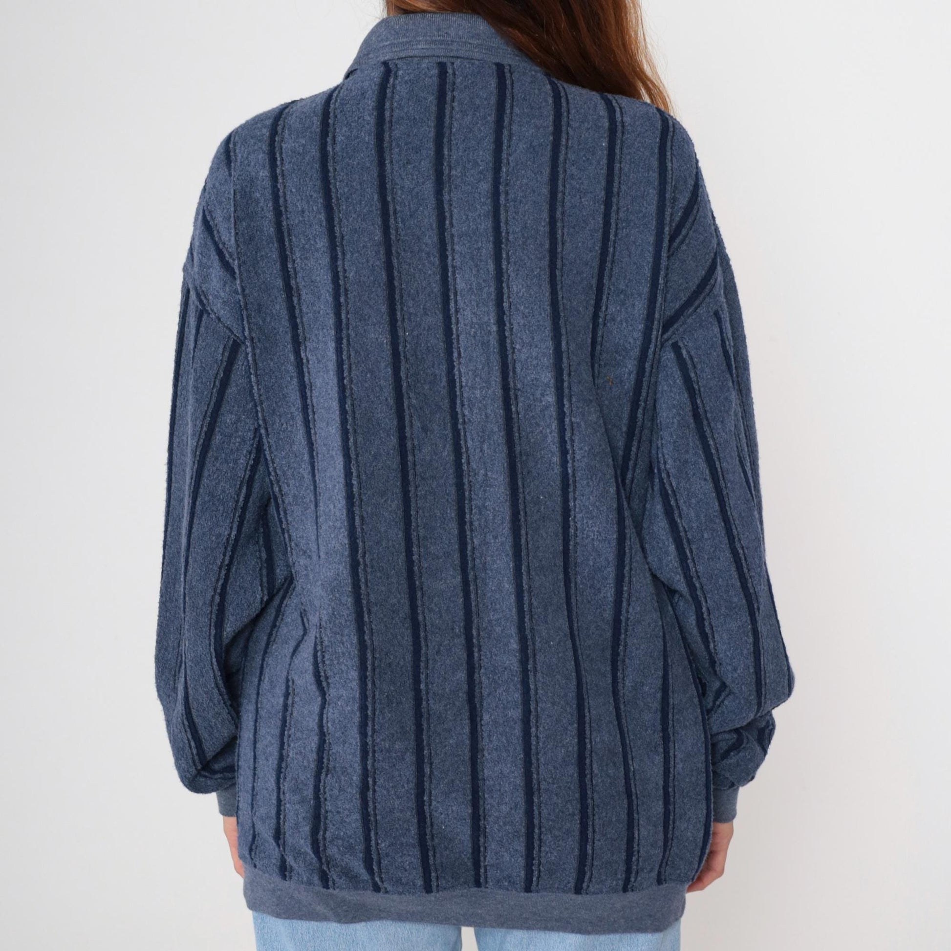 90s Navy Striped Henley Knit Sweater Button-Up Crewneck Large L
