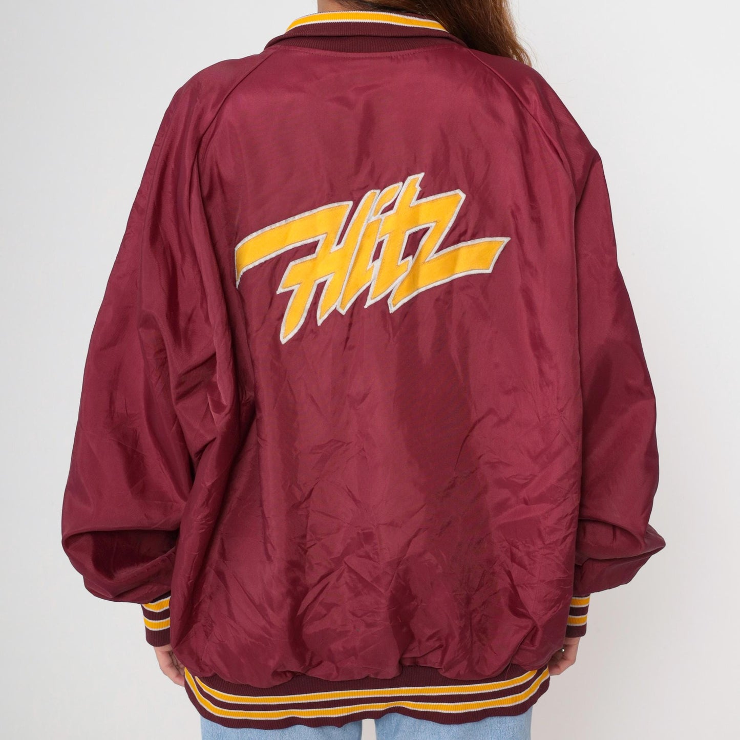 90s HITZ Radio Station Windbreaker Burgundy Yellow Stripe Quarter Zip XXL