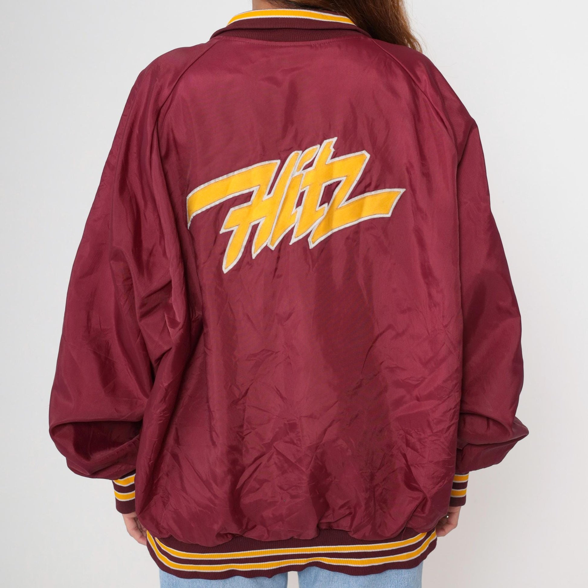 90s HITZ Radio Station Windbreaker Burgundy Yellow Stripe Quarter Zip XXL