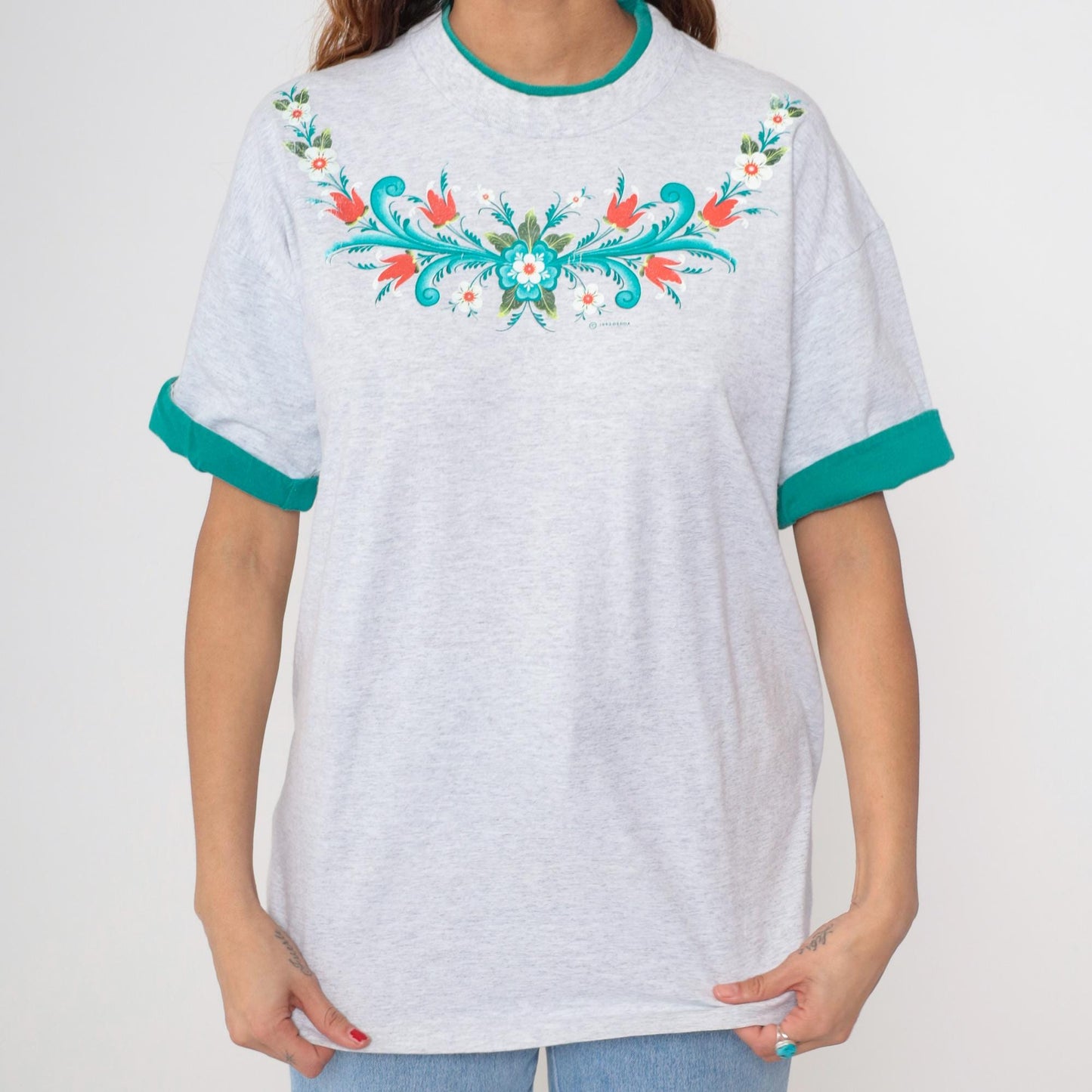 90s Floral Graphic T-Shirt Grey Cotton Folk Art Flowers Green Trim Large L