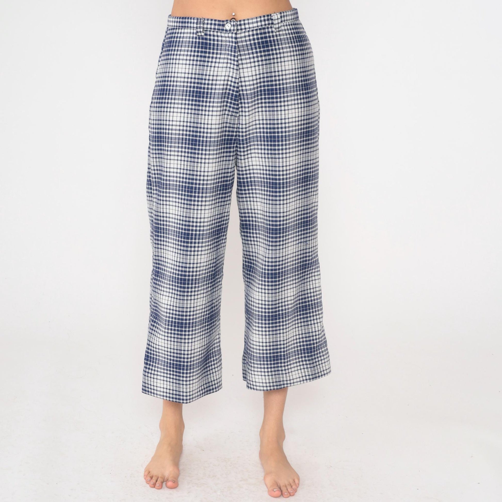 70s Jantzen Gingham Pants Blue White Checkered High Waisted Wide Leg Cropped Medium