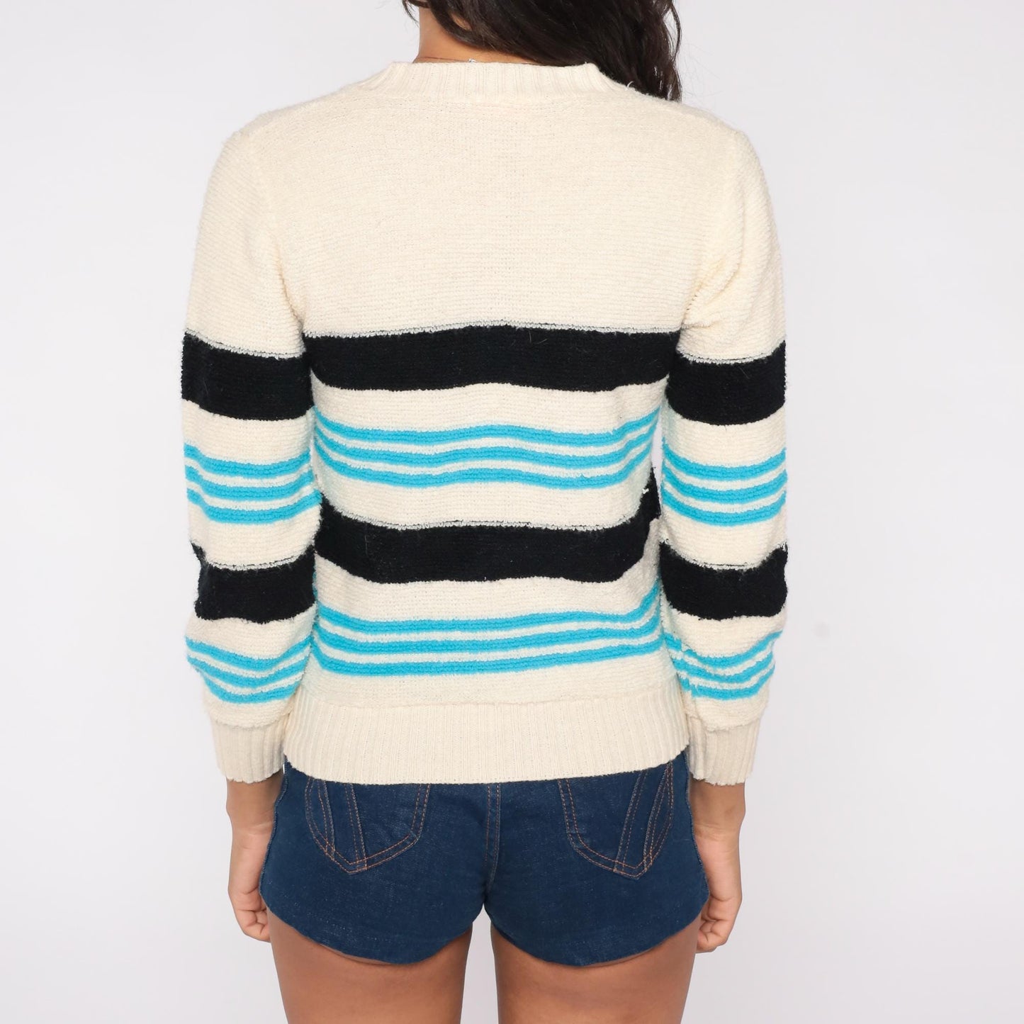 70s Originals by Julie Striped V-Neck Sweater Turquoise Navy Cream Small