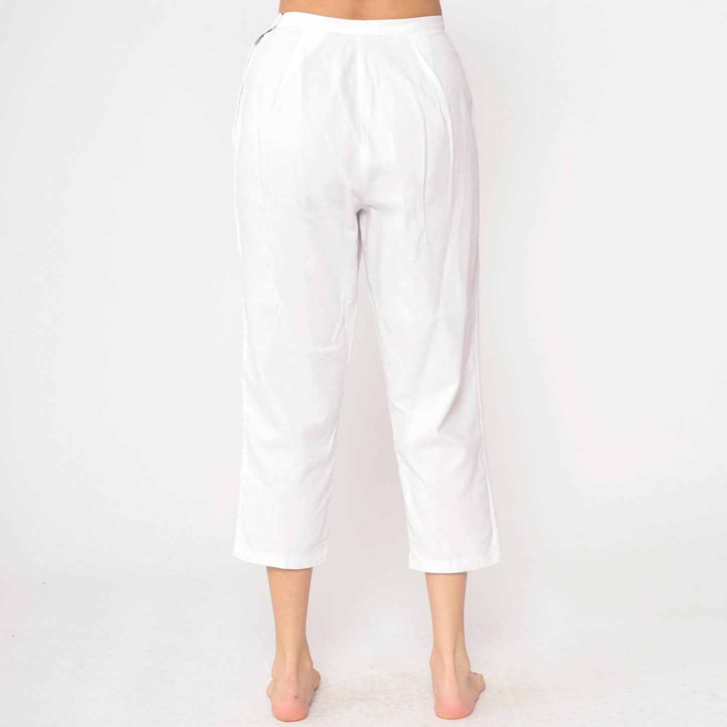 60s White High-Waisted Cropped Pants Cotton Straight Leg Small