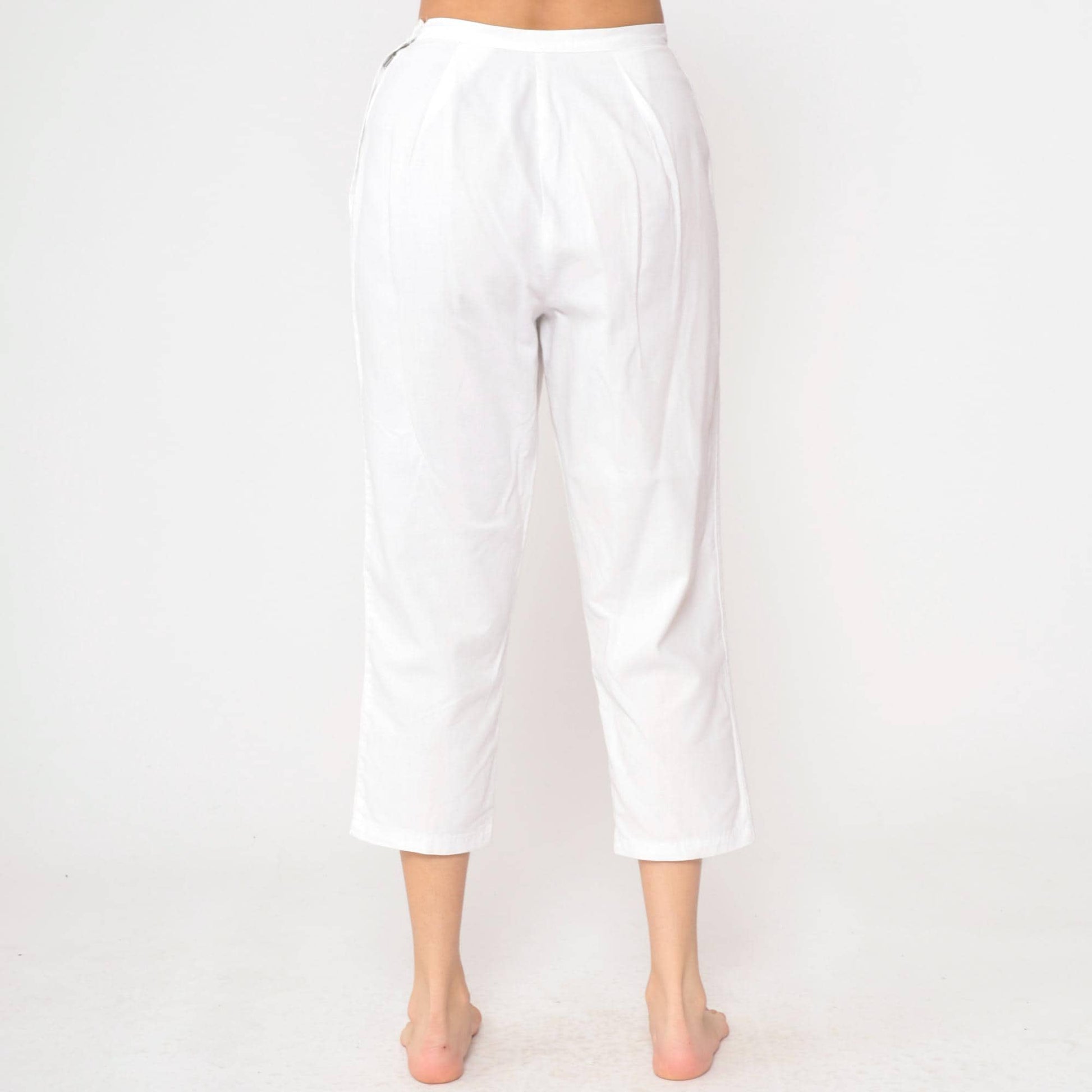 60s White High-Waisted Cropped Pants Cotton Straight Leg Small