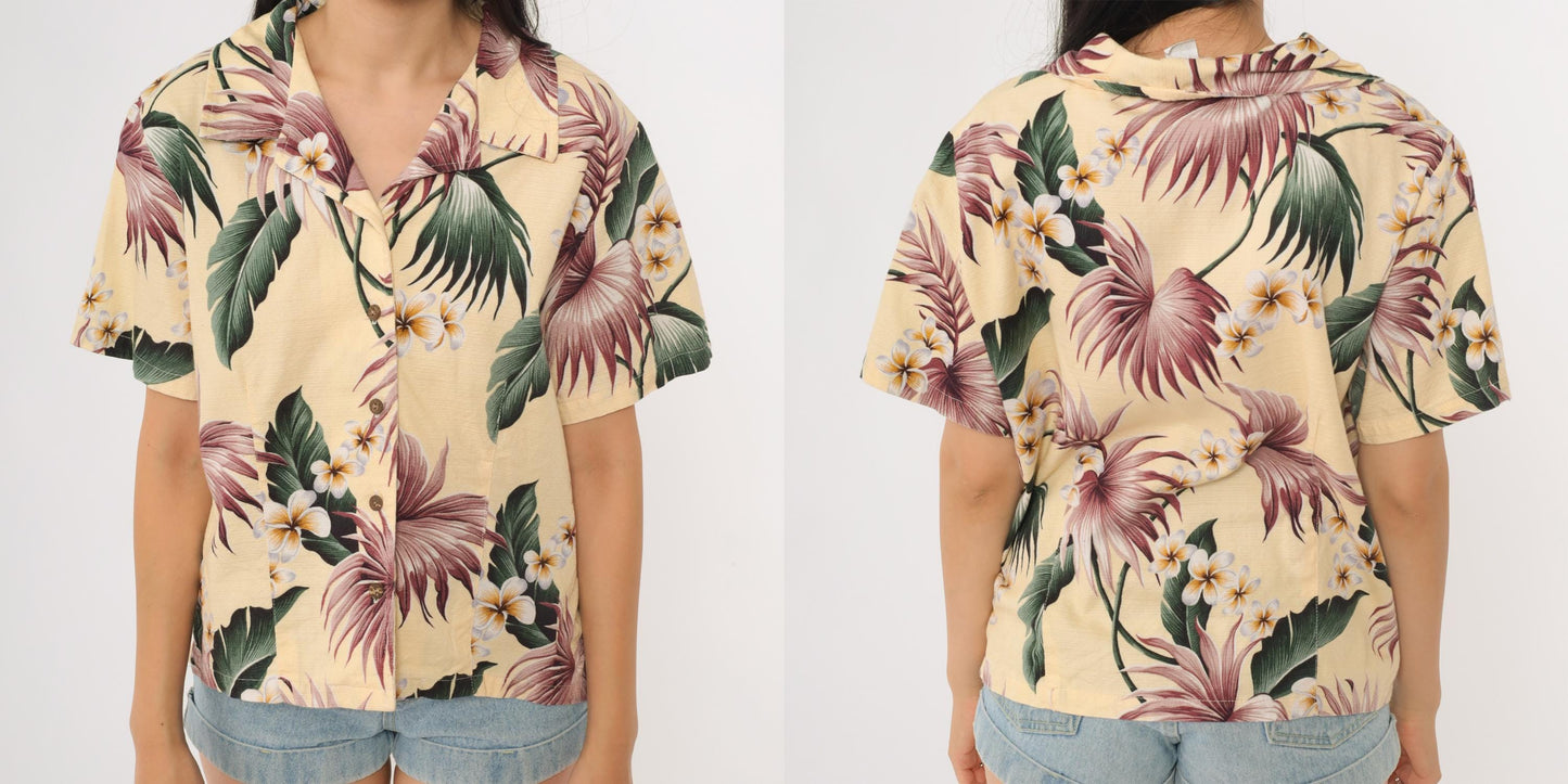 90s Kona Malia Hawaiian Aloha Shirt Yellow Plumeria Floral Cotton Extra Small