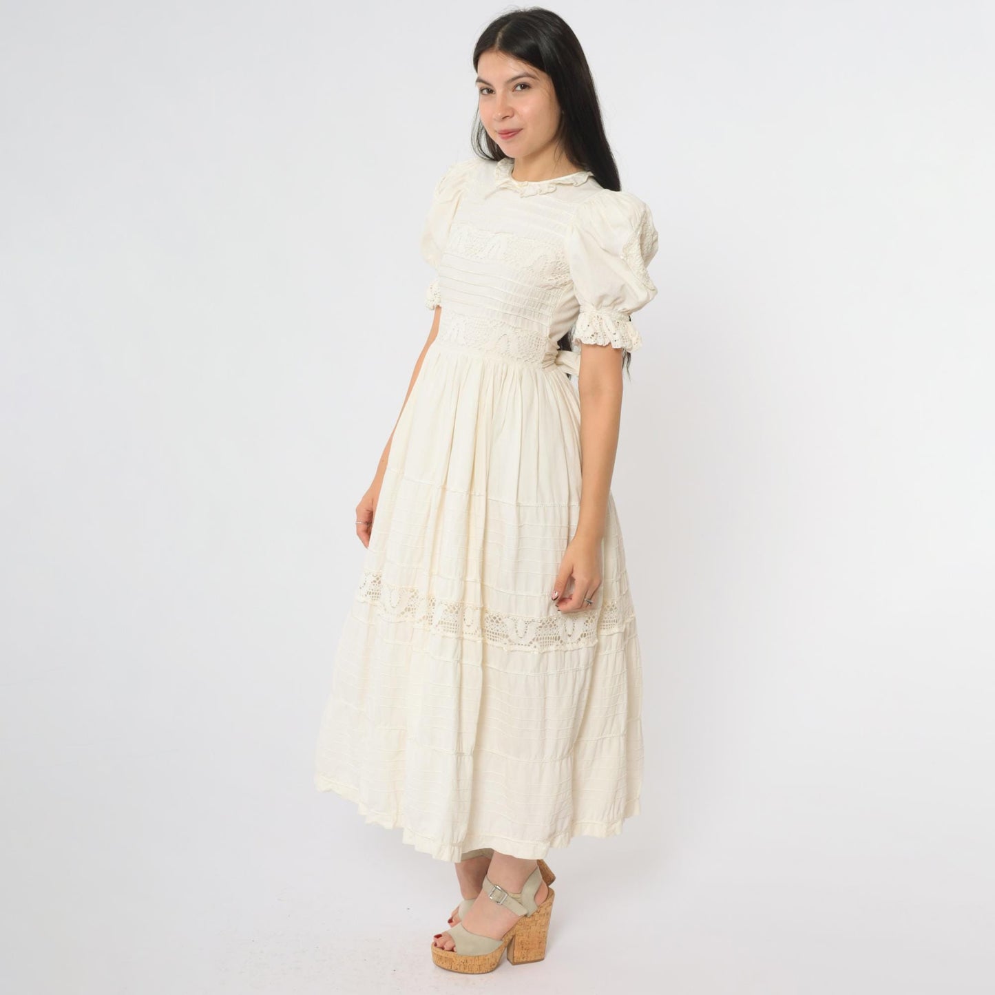1980s Cream Lace Midi Dress Puff Sleeve Crochet Trim Ruffle Collar Extra Small XS