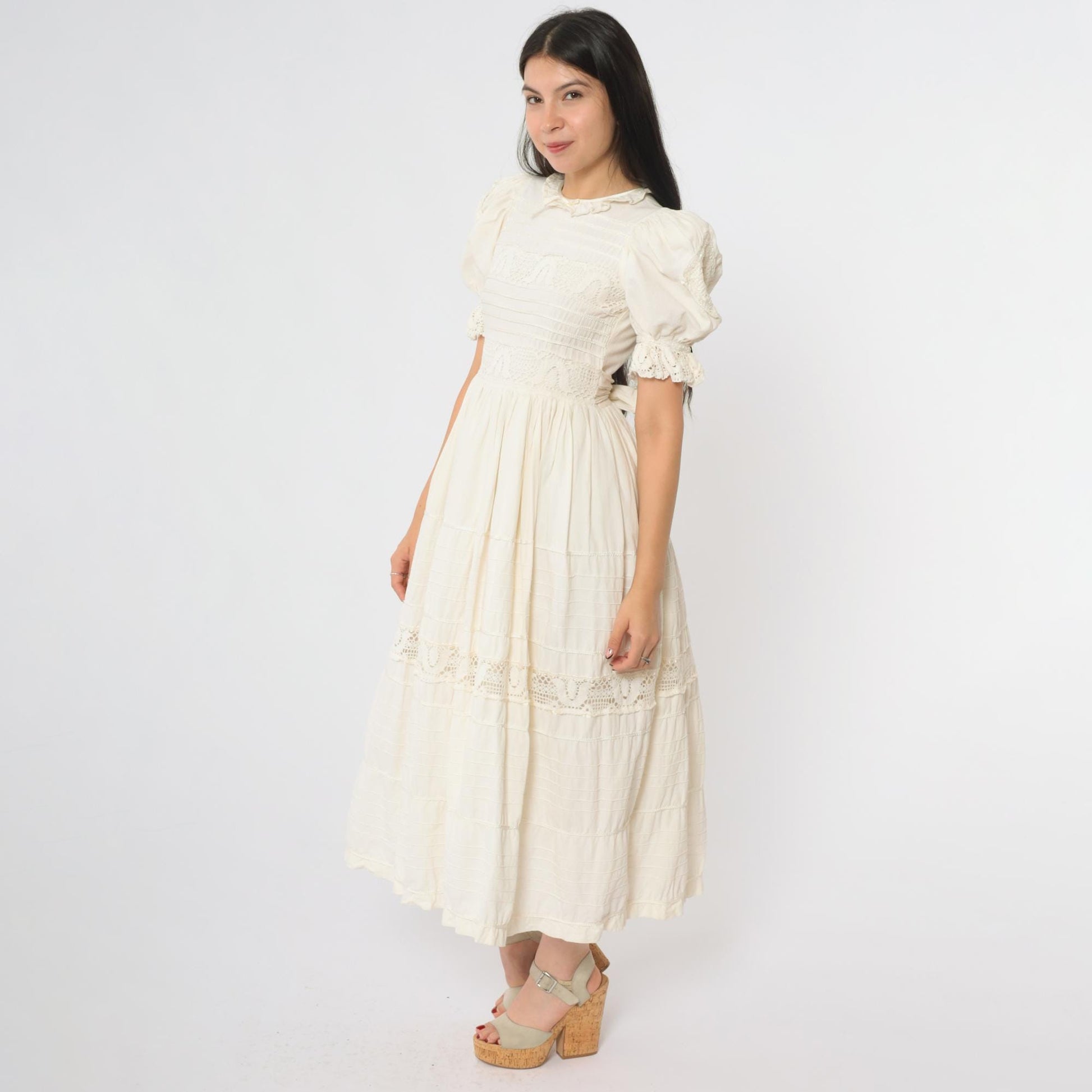 1980s Cream Lace Midi Dress Puff Sleeve Crochet Trim Ruffle Collar Extra Small XS