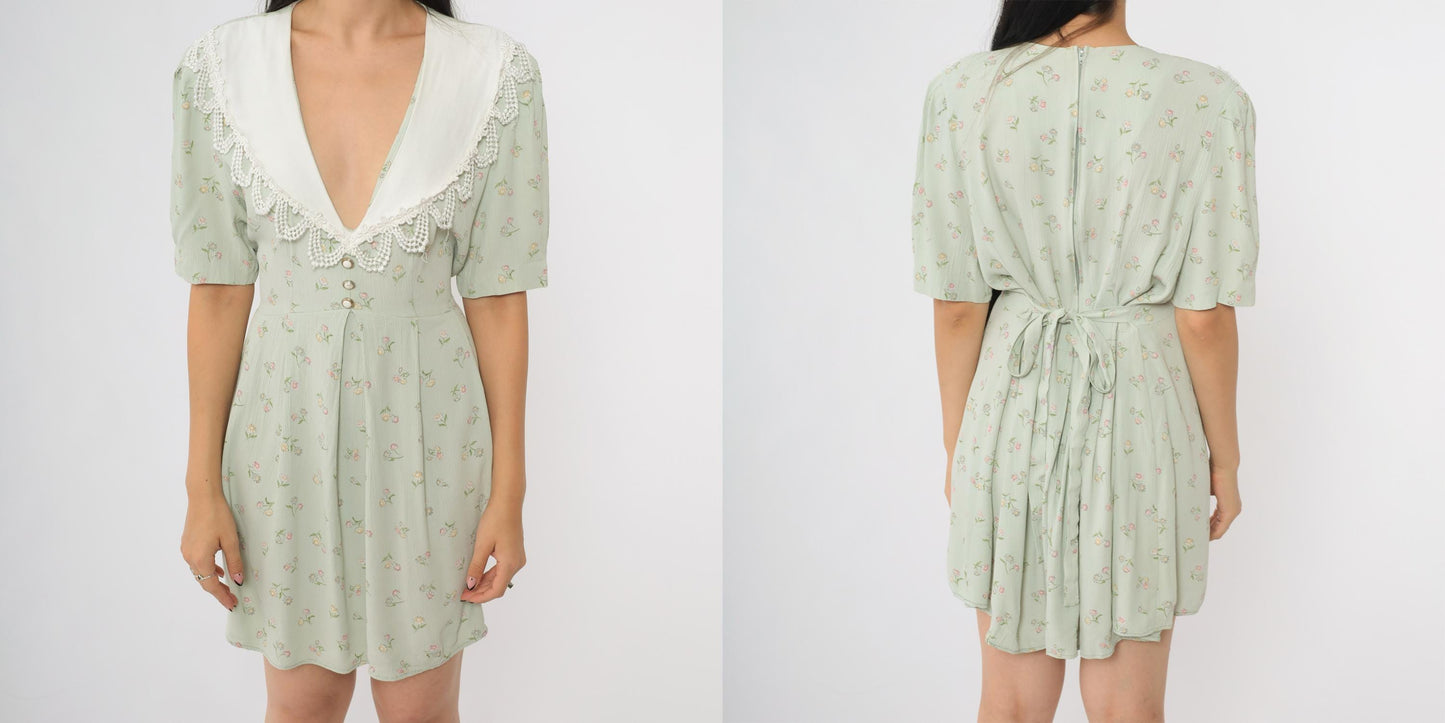 90s S.L. Fashions Sage Green Babydoll Dress Floral Lace Collar Puff Sleeves Large L