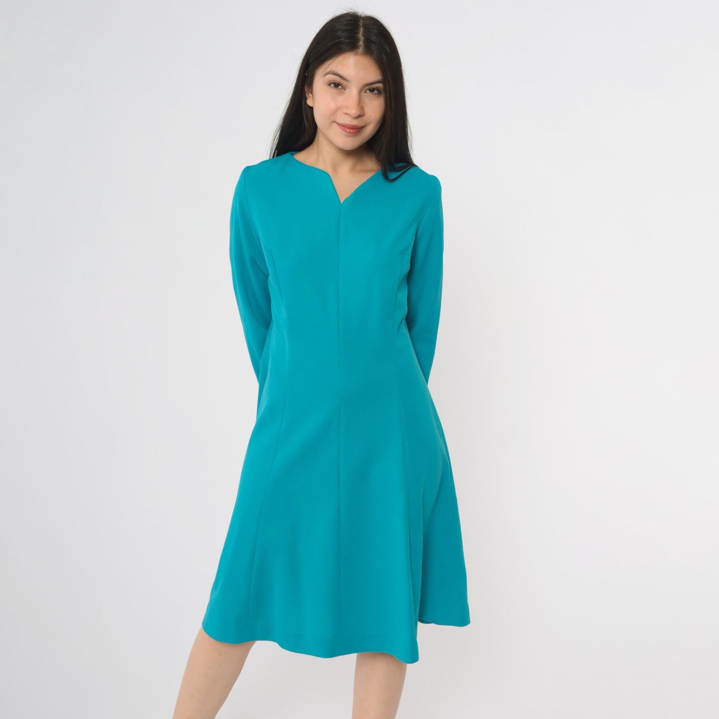 70s Turquoise Mod Mini Dress Long Sleeves V-Neck A-Line Shift Medium M