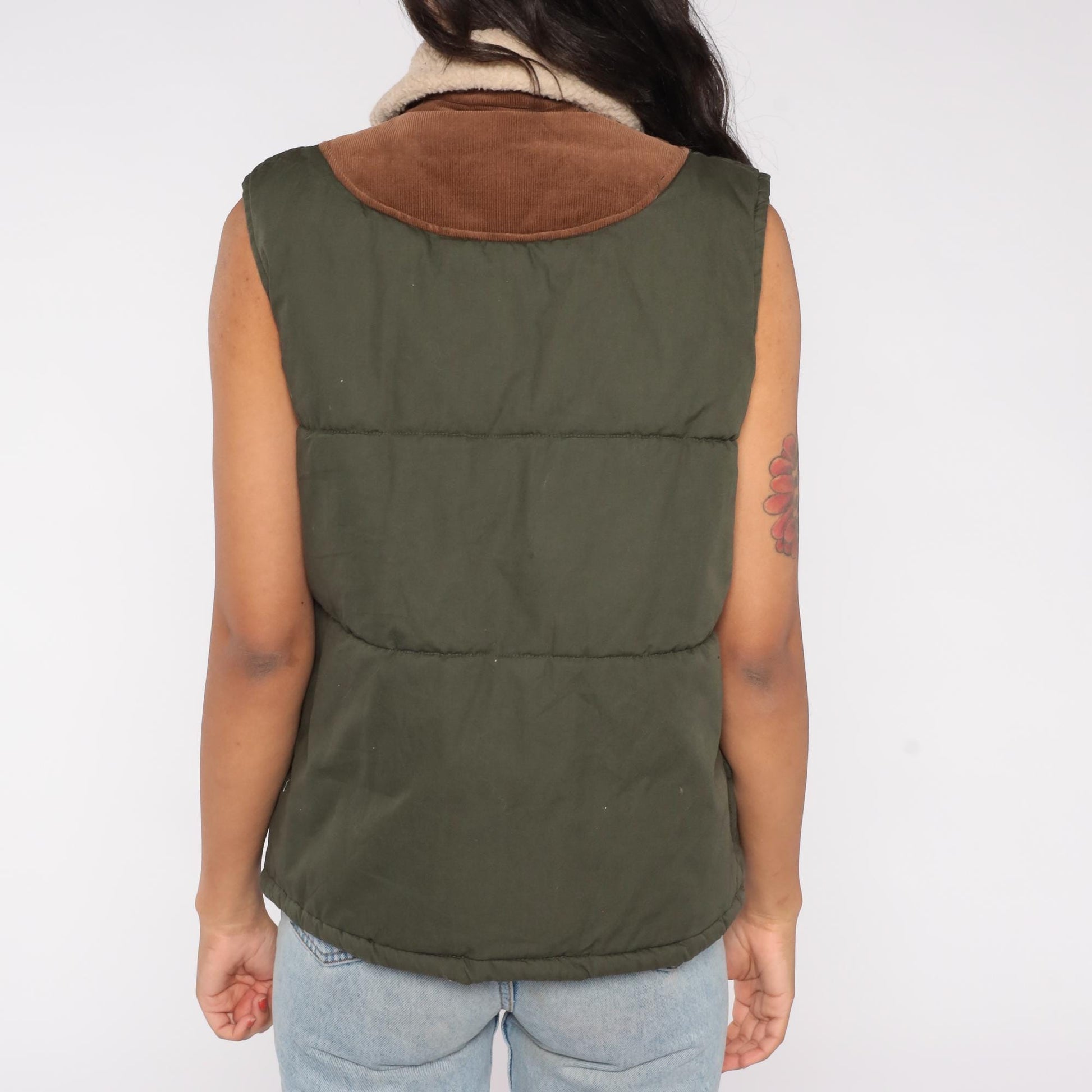 Y2K Olive Green Puffer Vest Corduroy Trim Sherpa Collar Medium M