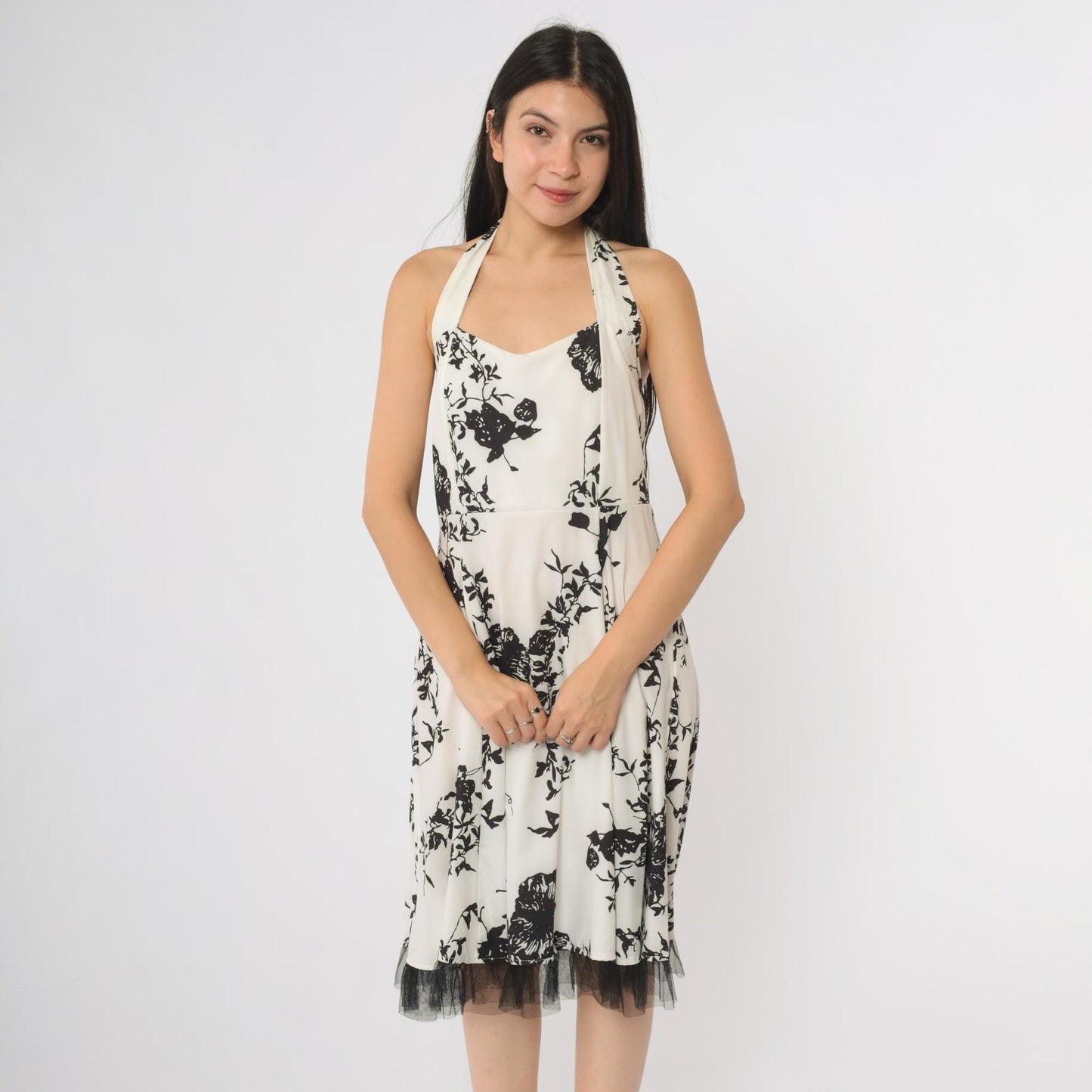 Y2K Black White Rose Halter Midi Dress Tulle Hem Backless Large L
