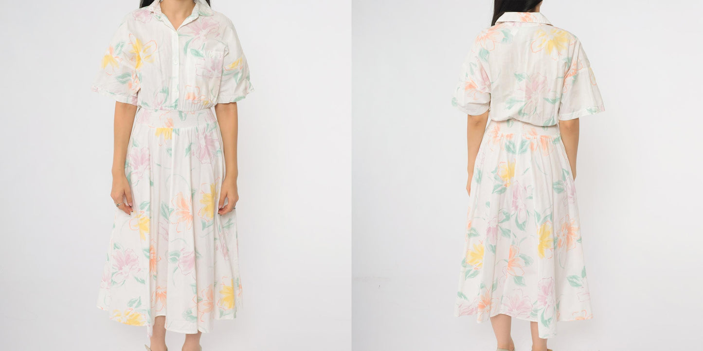 80s Carol Anderson Floral Midi Dress Pastel Watercolor Smocked Waist Small