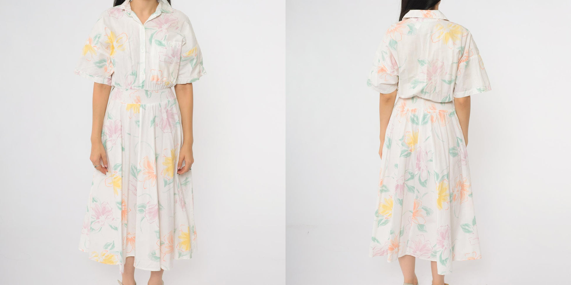 80s Carol Anderson Floral Midi Dress Pastel Watercolor Smocked Waist Small