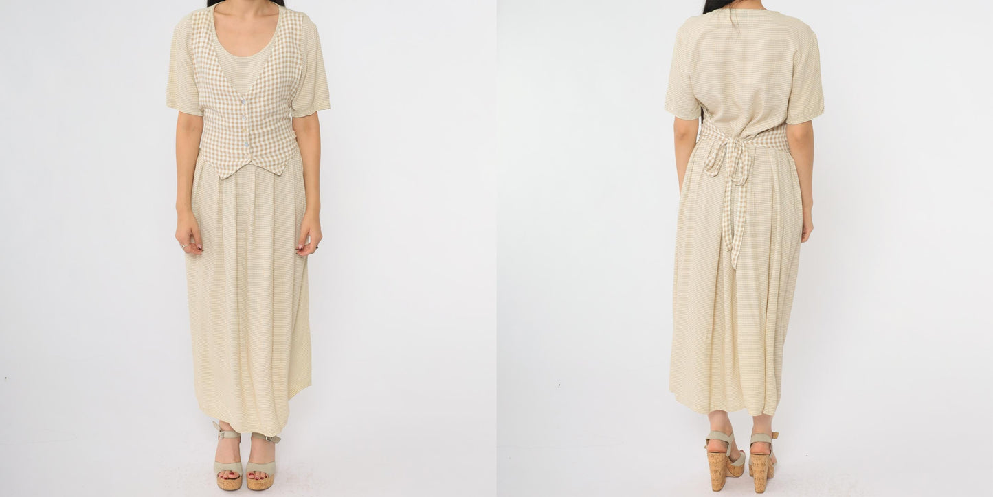 90s Ultra Dress Tan Gingham Maxi Dress Button Front Vest Set Large 12