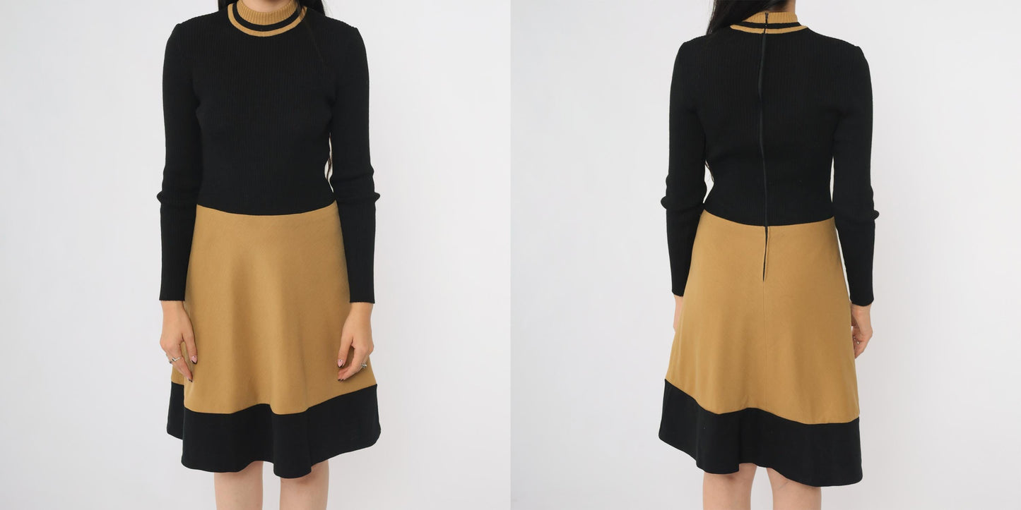 70s Camp Crations Wool Color Block Turtleneck Midi Dress Brown Black Small