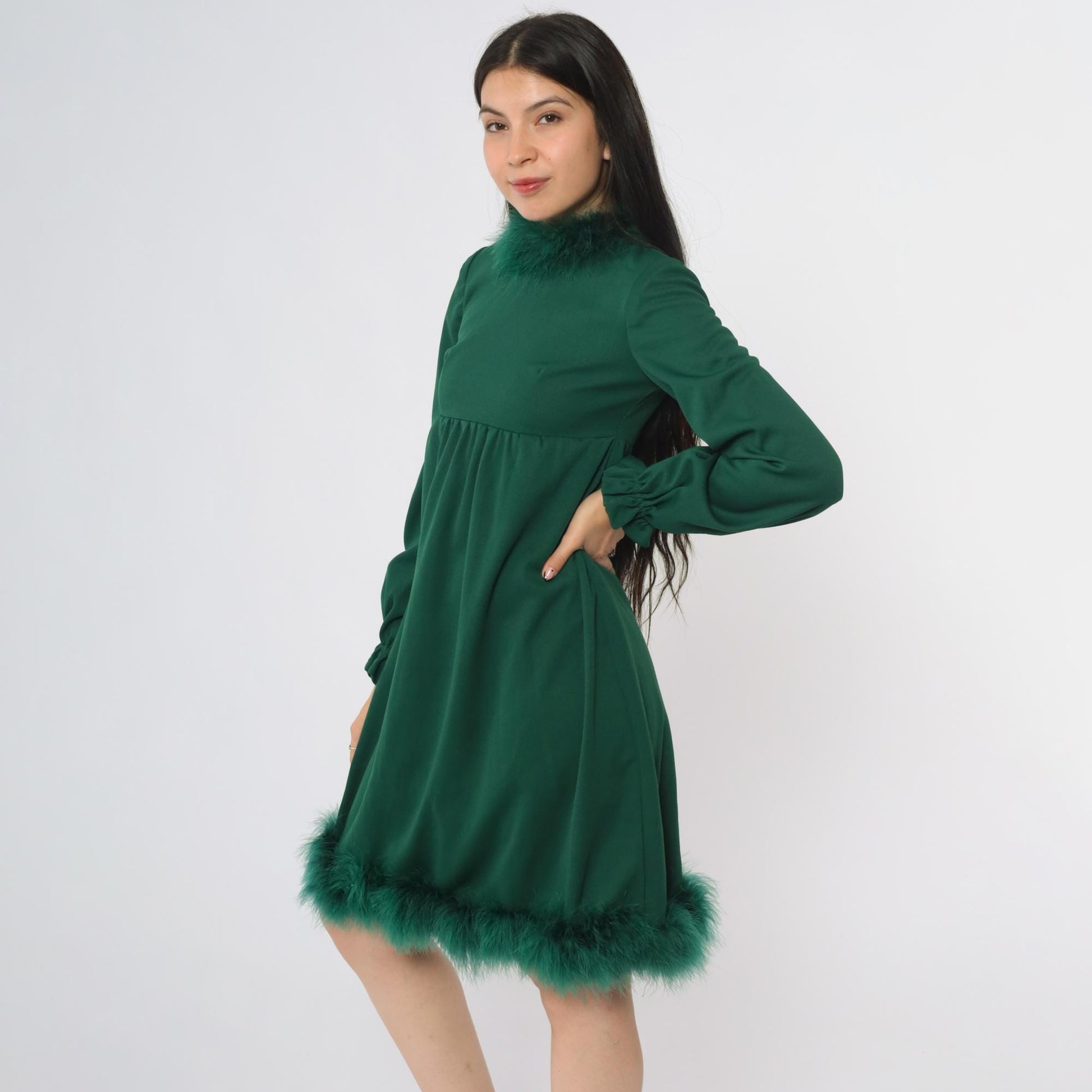 70s Green Marabou Feather Mini Dress High Neck Empire Waist Puff Sleeve Extra Small