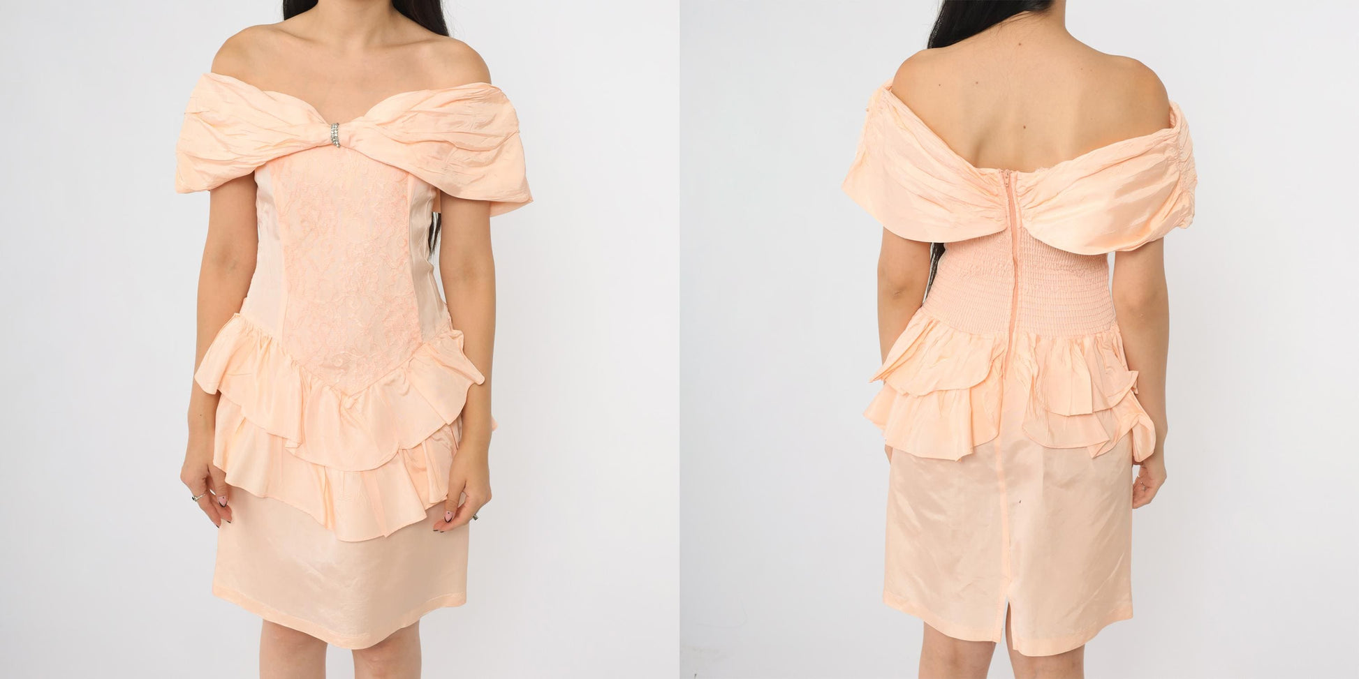80s Peach Off-Shoulder Ruffle Peplum Dress Rhinestone Detail Small S