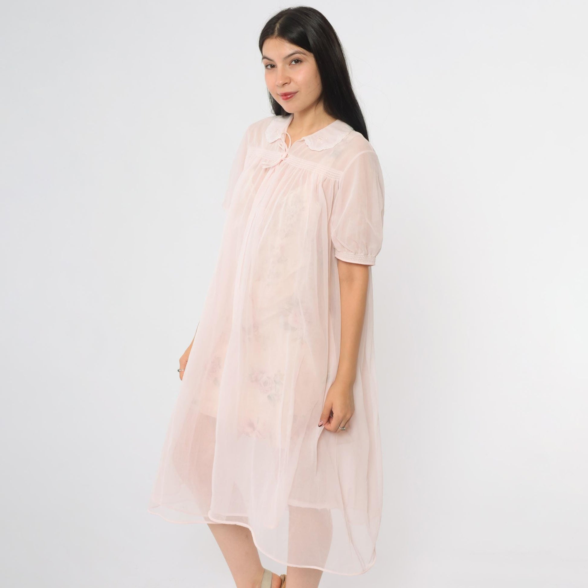70s Pink Nylon Nightgown Peter Pan Collar Tie Front Midi Medium Large